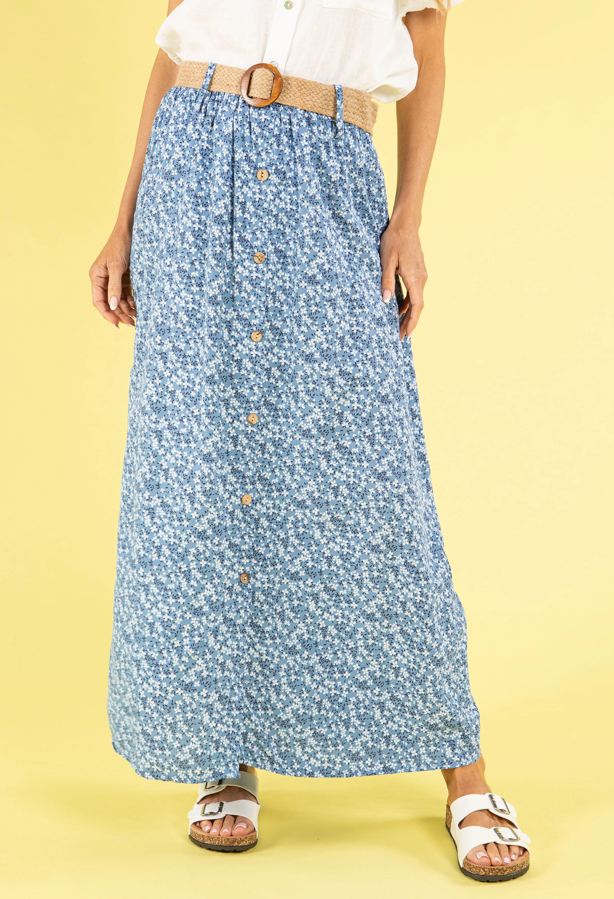 Belted Daisy Print Maxi Skirt