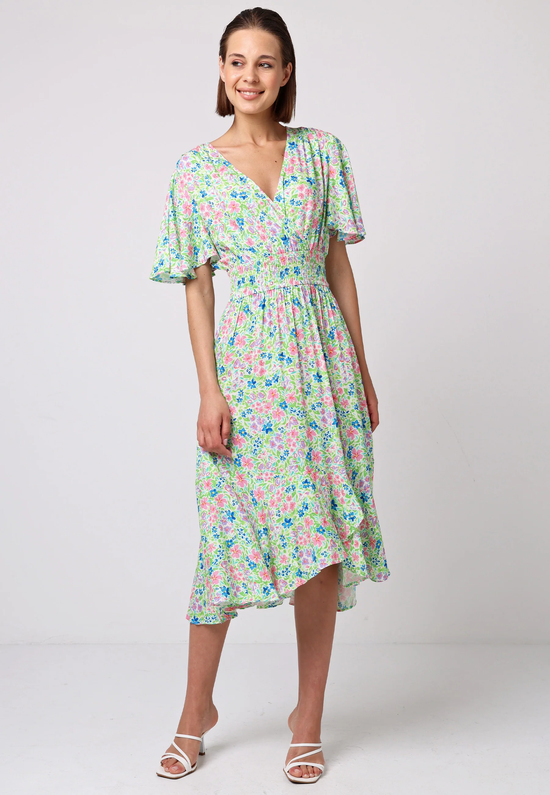 Shirred Waist Wrap Top Flutter Sleeve Midi Dress