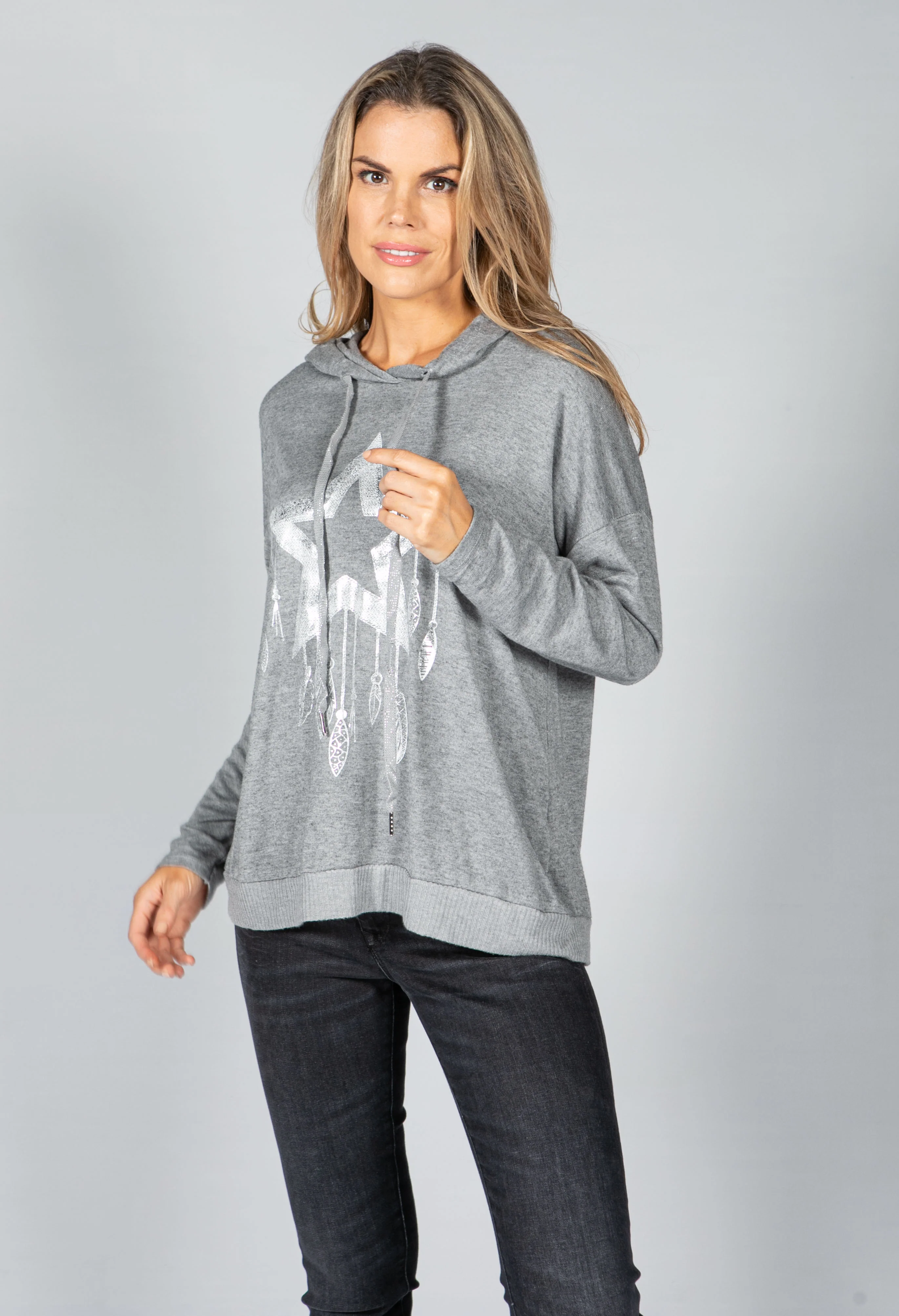 Metallic Star Design Hoodie in Light Grey
