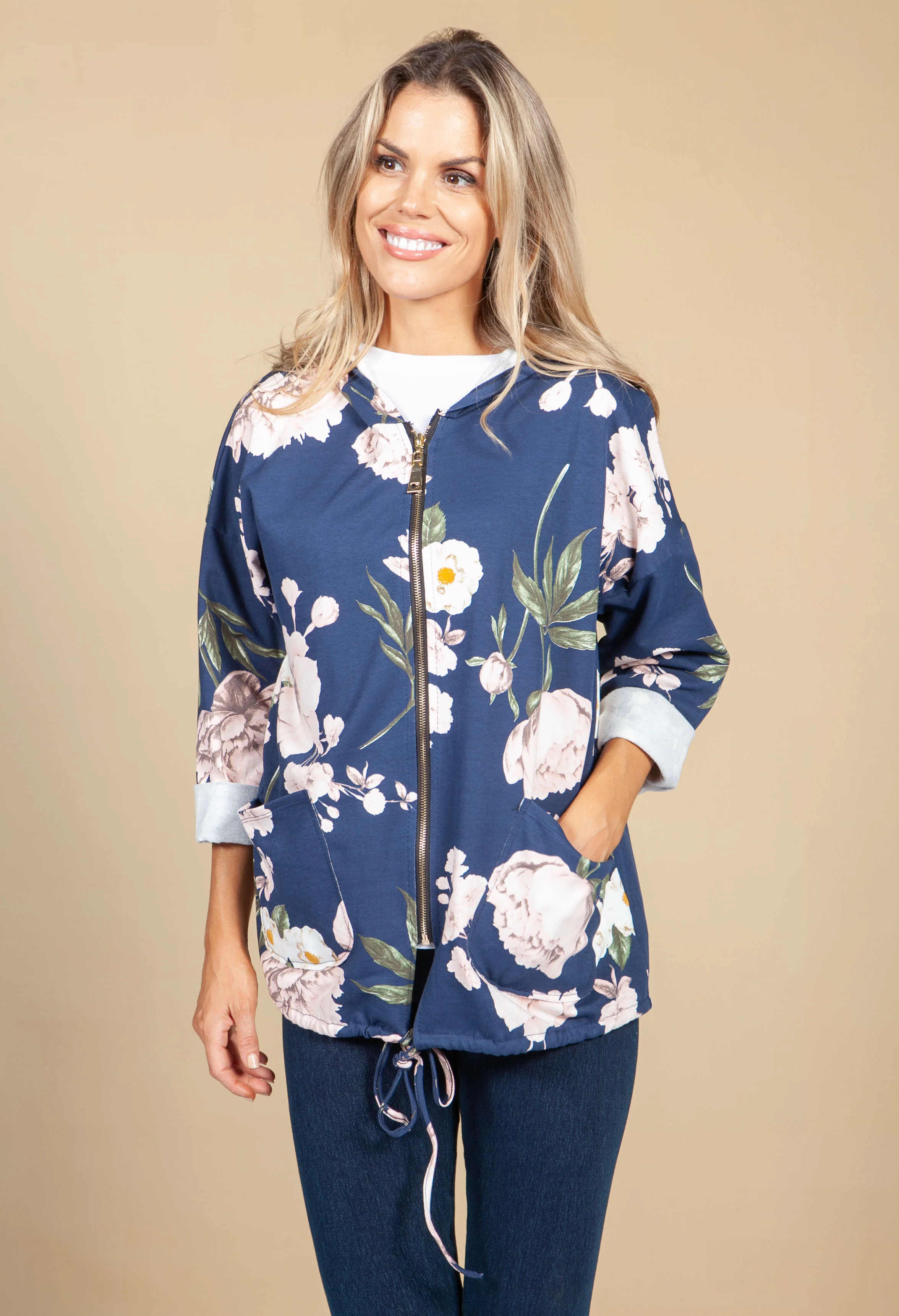 Light Pink & Navy Floral Hoodie