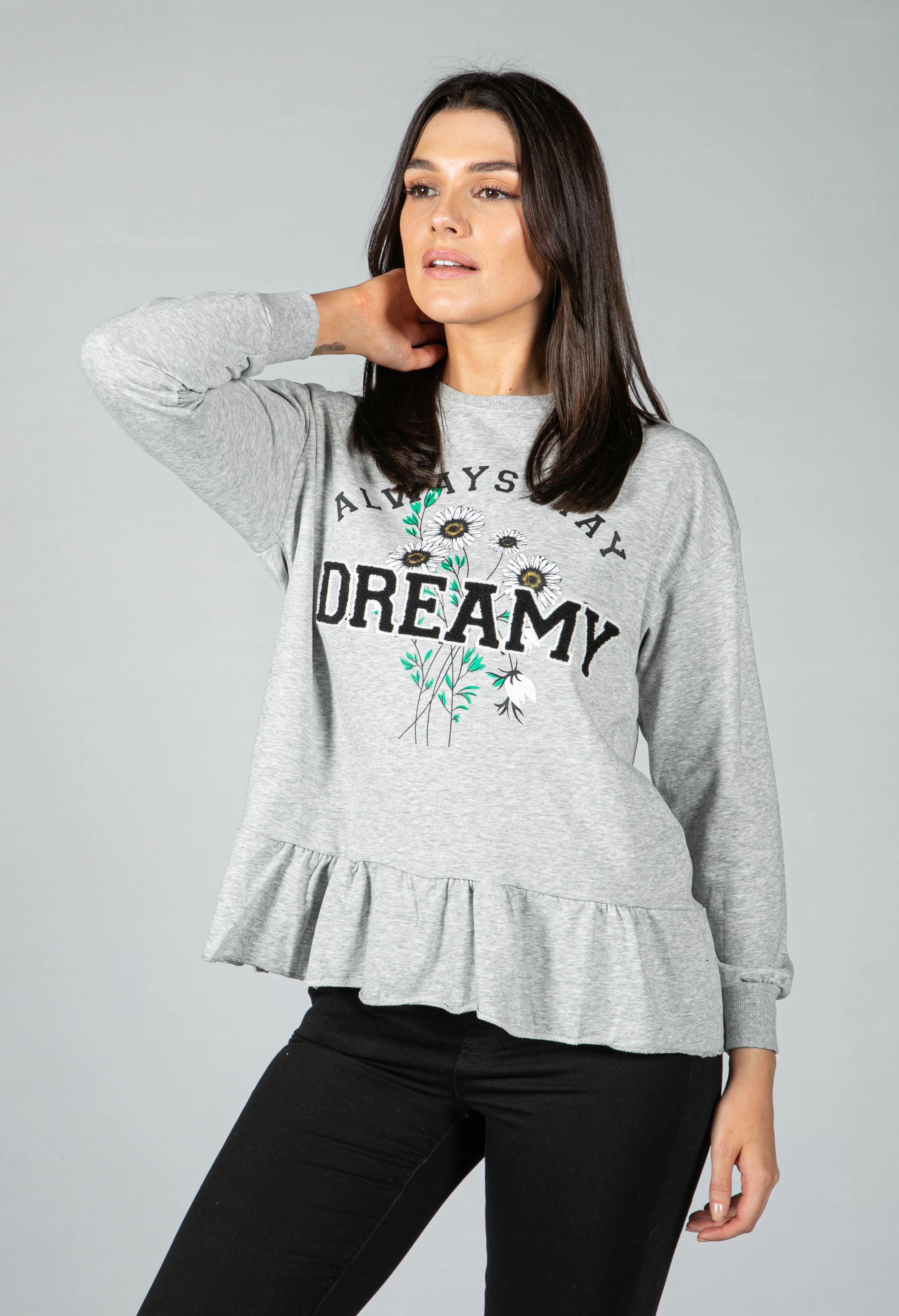 PAMELA SCOTT CREW NECK GRAPHIC JUMPER IN GREY