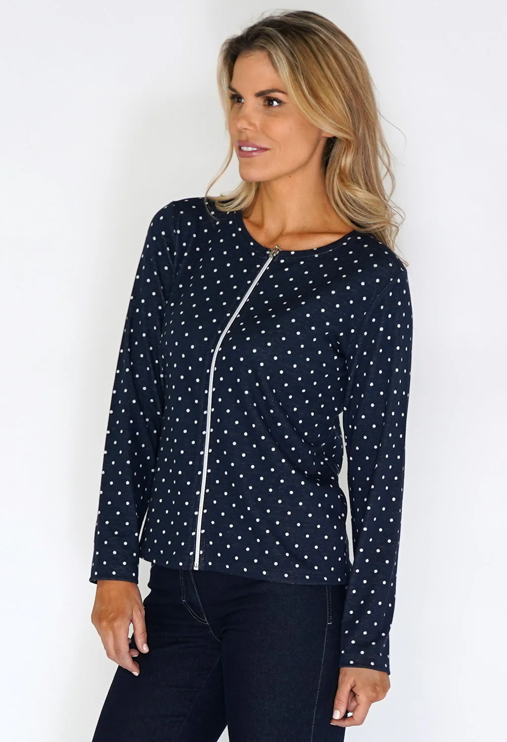 Twist Navy Polka Dot Zip Up Top