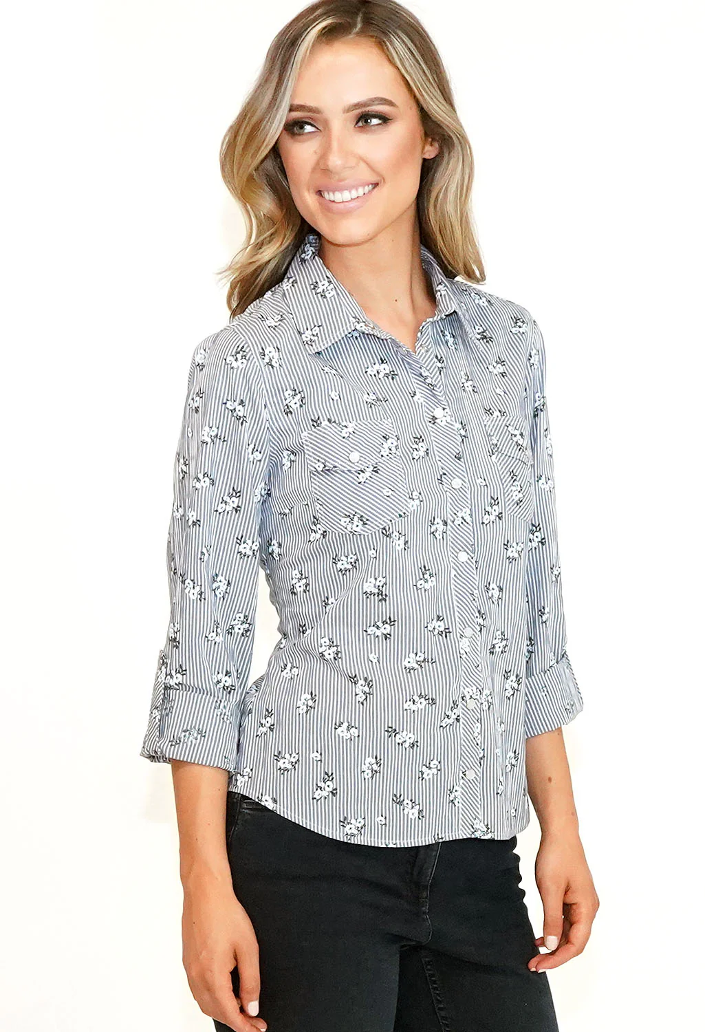 Grey Floral and Stripe Shirt