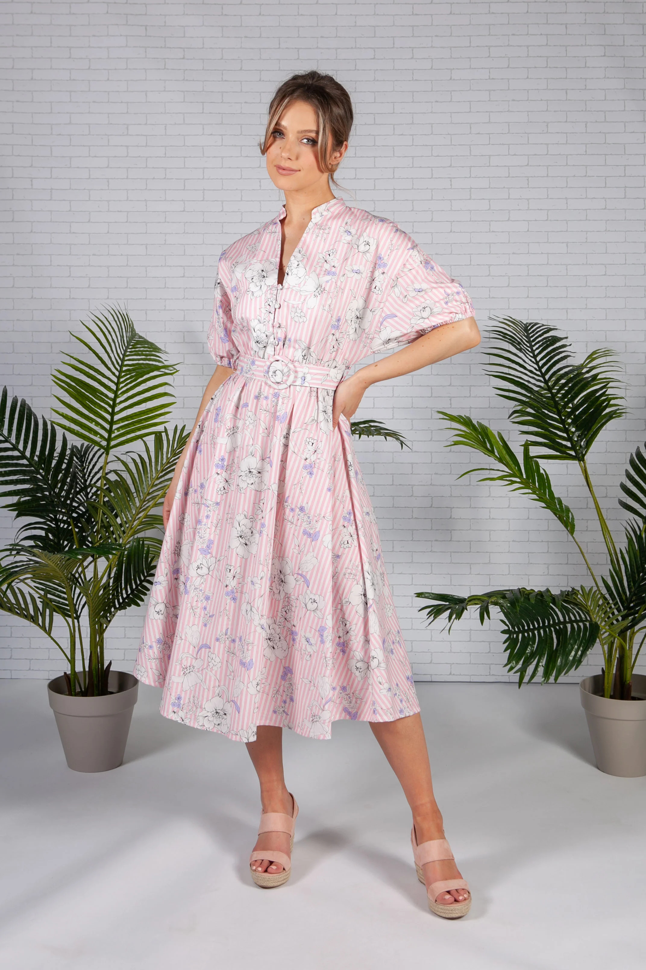 Pink Stripe Floral Print Midi Dress