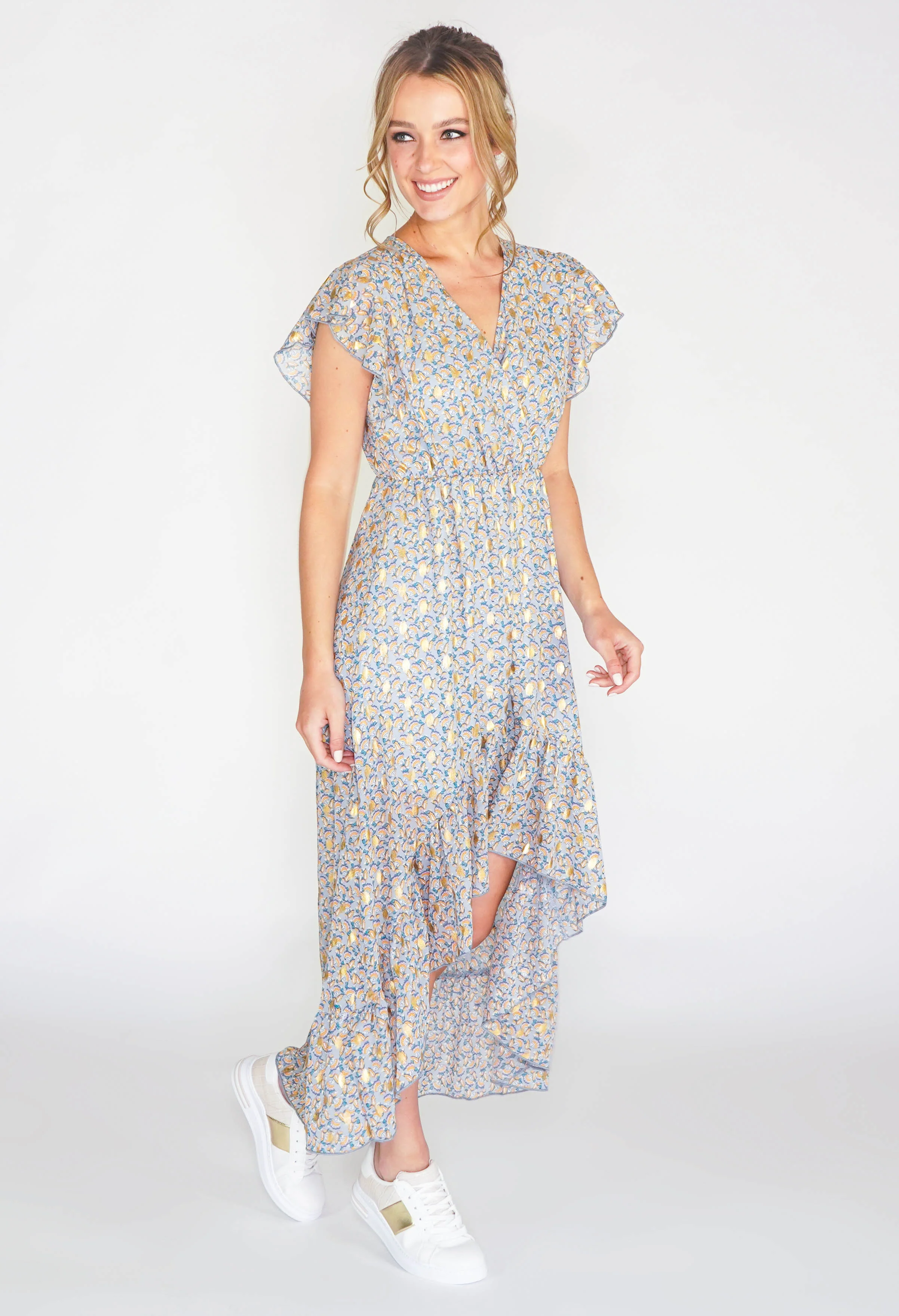 Printed high low dress with foil detail in blue