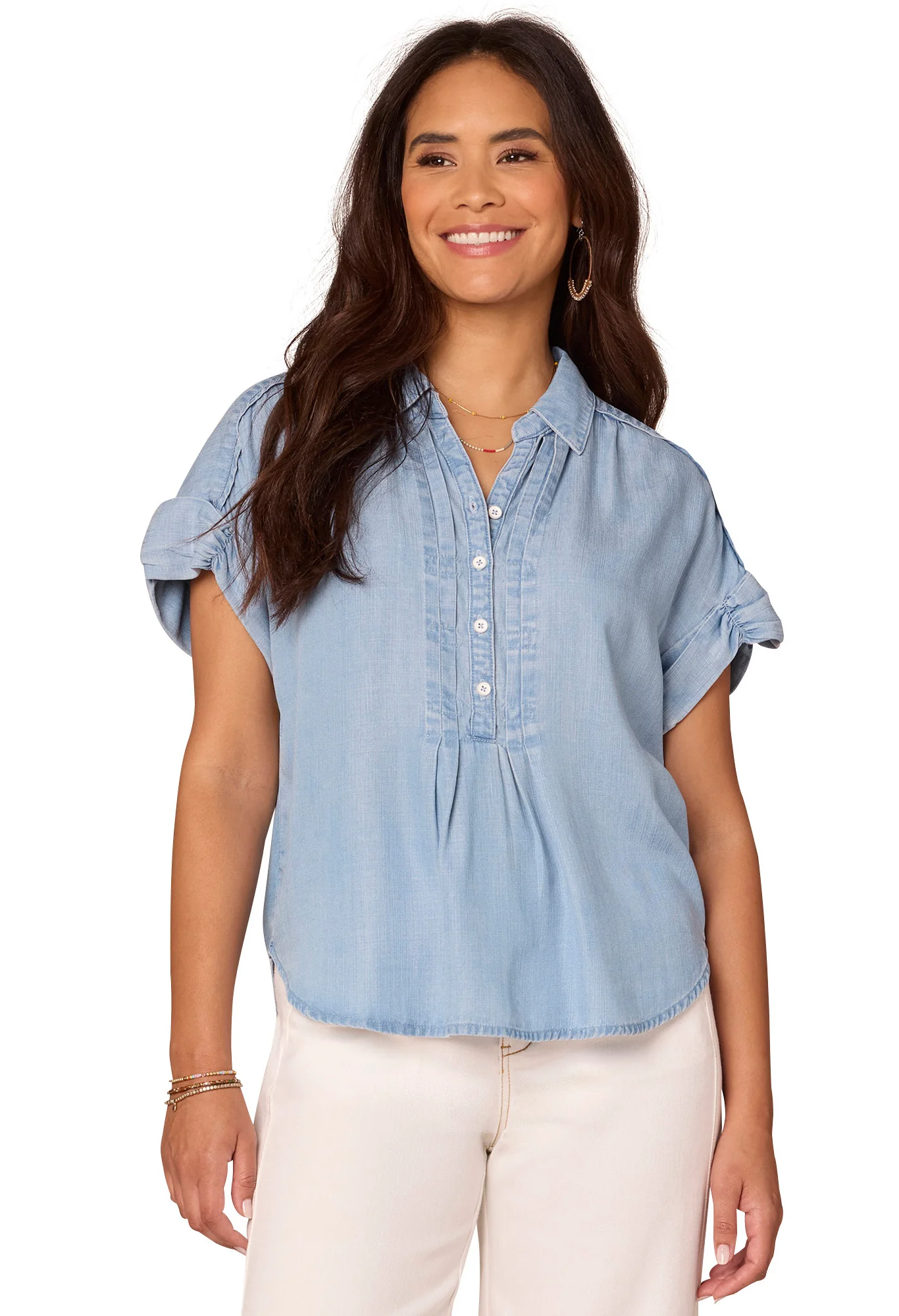 Button Up Denim V Neck Top