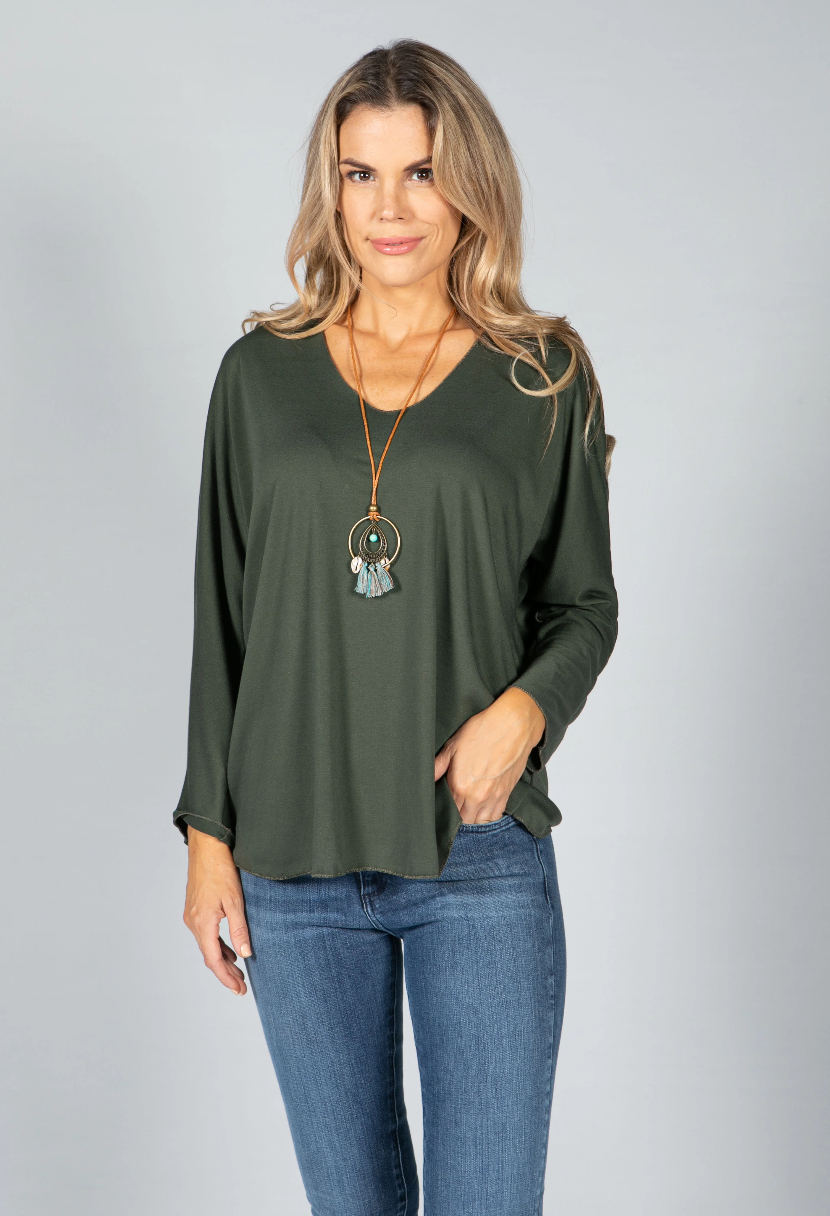 V-Neck Relaxed Top with Necklace in Khaki