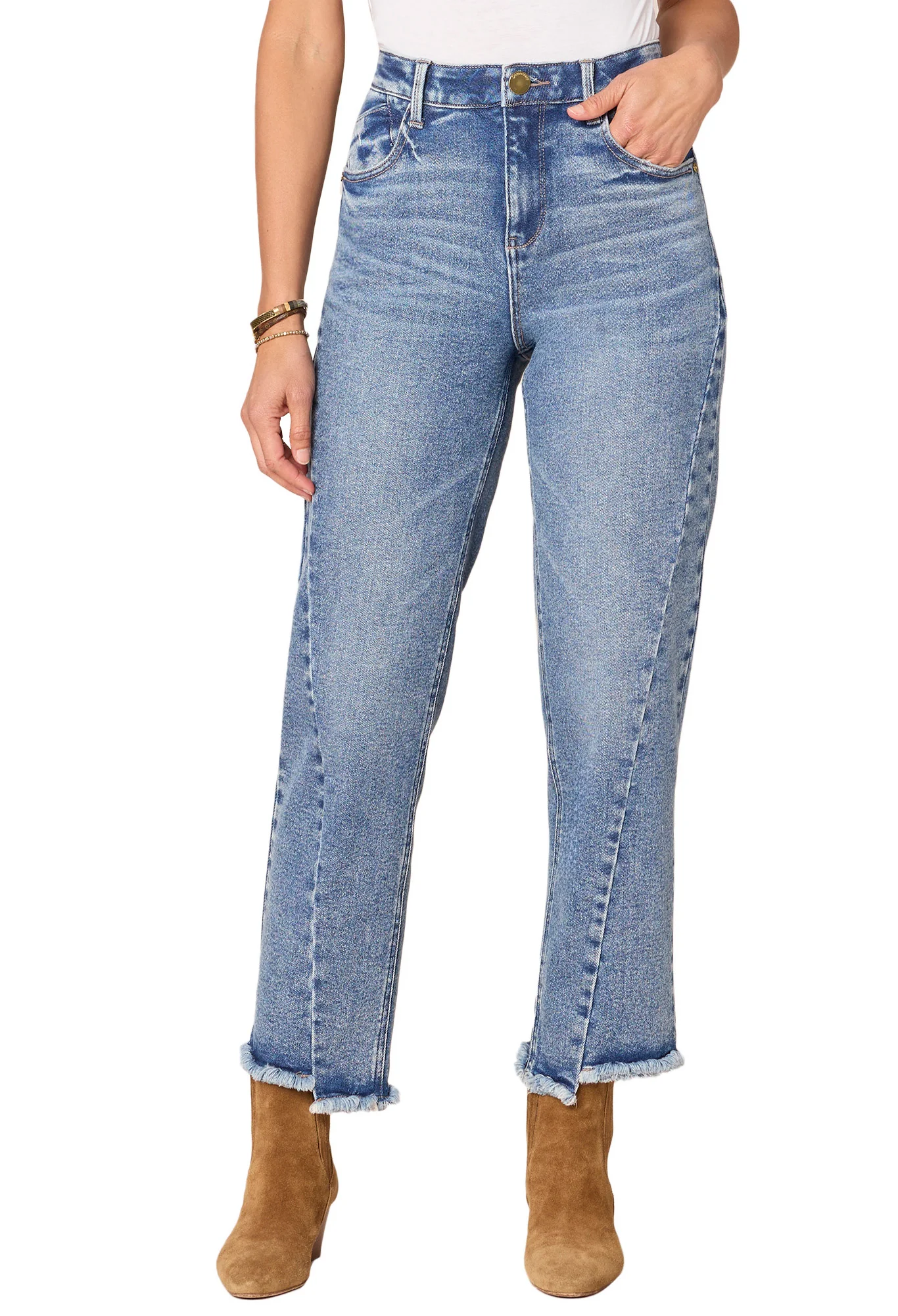 Absolution High Rise Ankle Length Straight Leg Jeans with Fray Hem