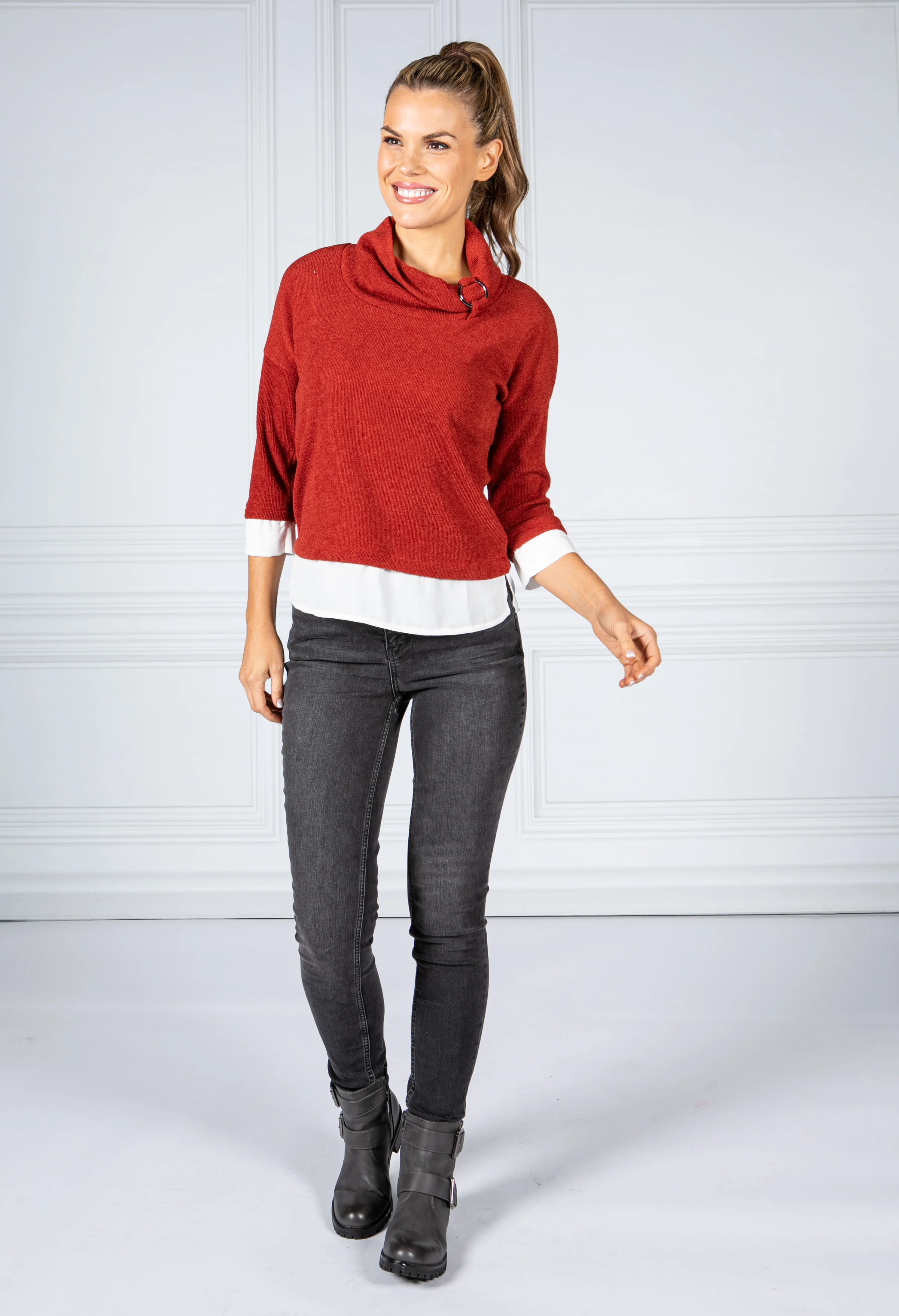 Fine Knit Cowl Neck Top with under-shirt detail in Burnt Orange