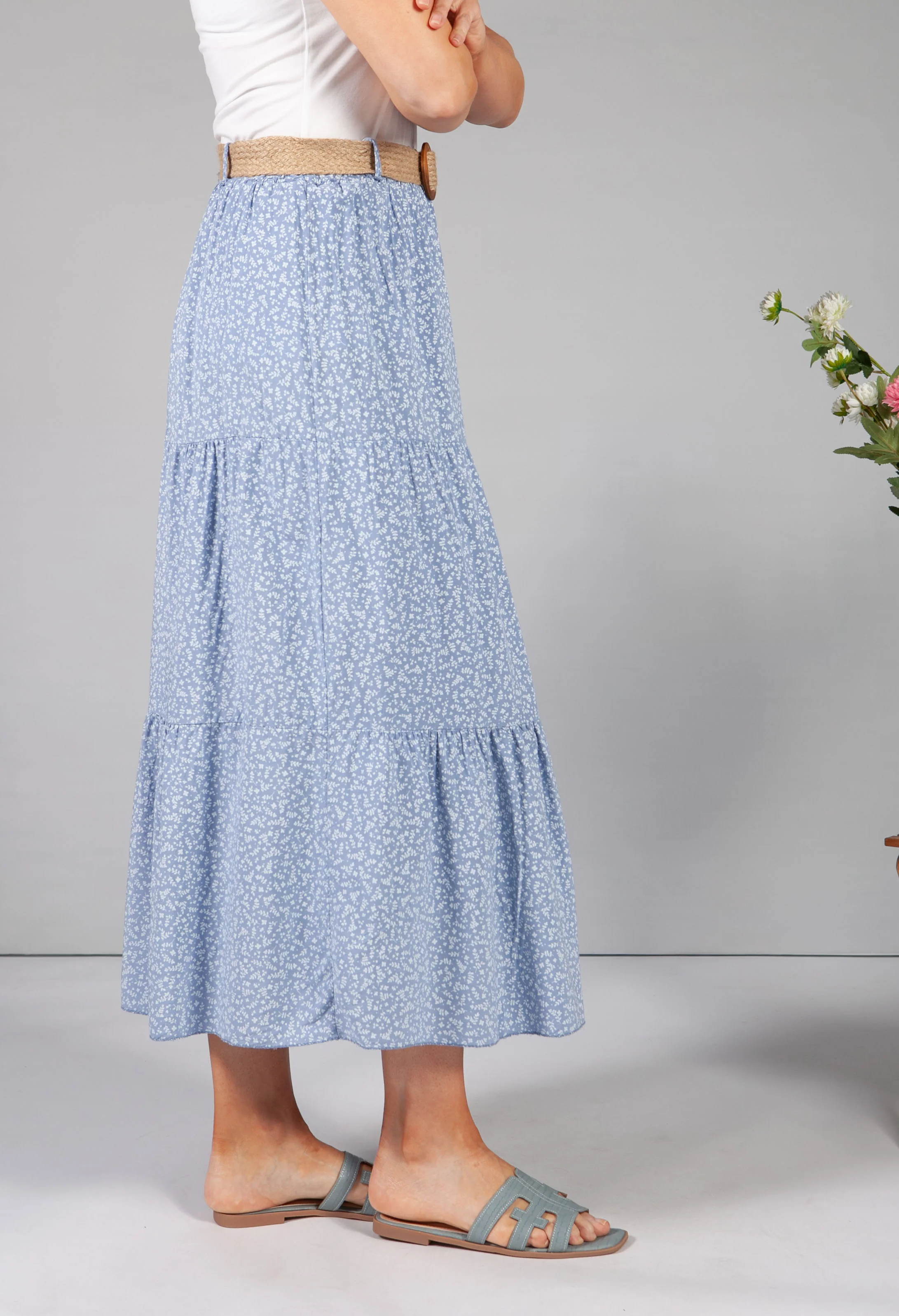 pale blue floral print tiered skirt