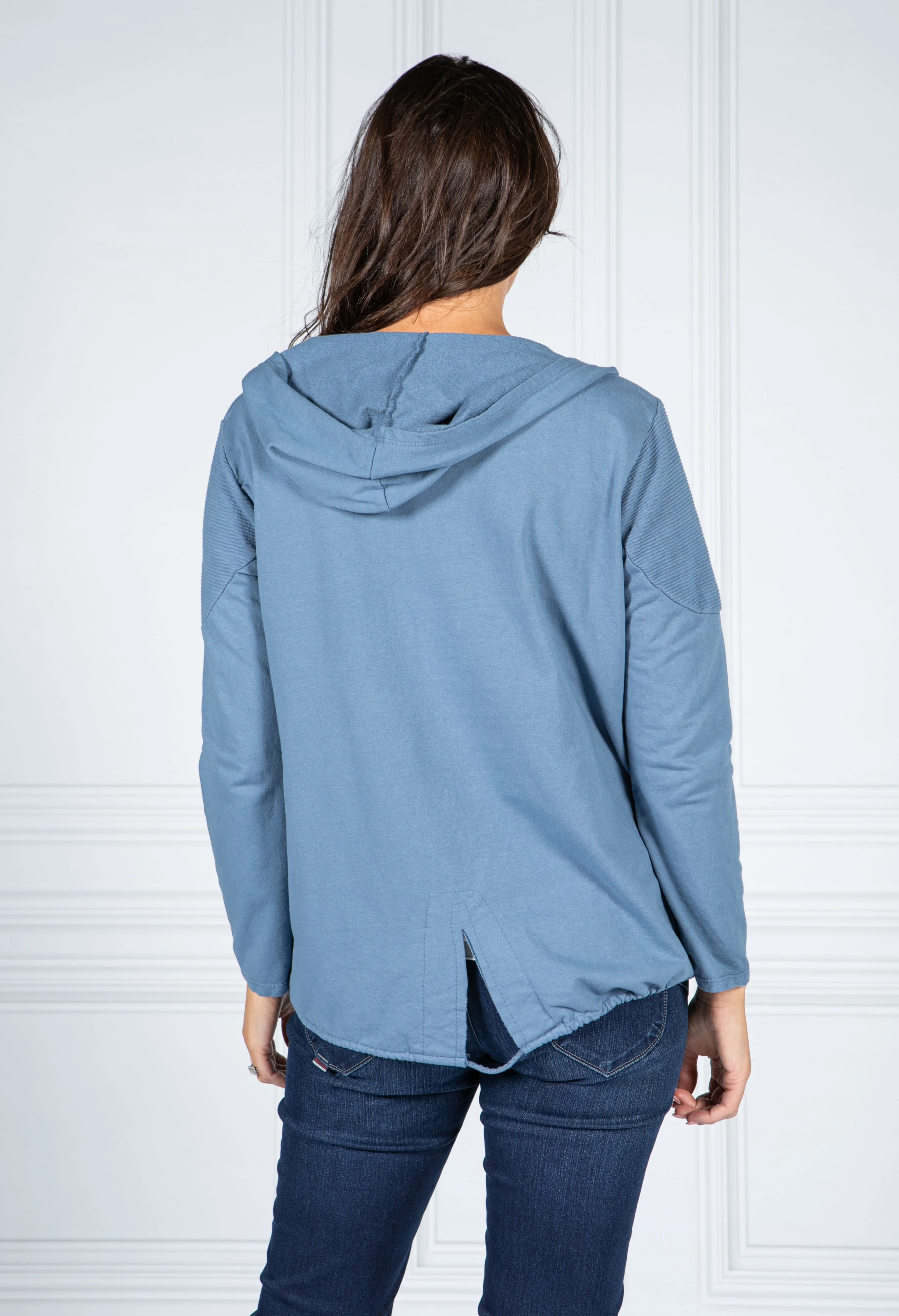 PAMELA SCOTT OPEN HOODED CARDIGAN SKY BLUE