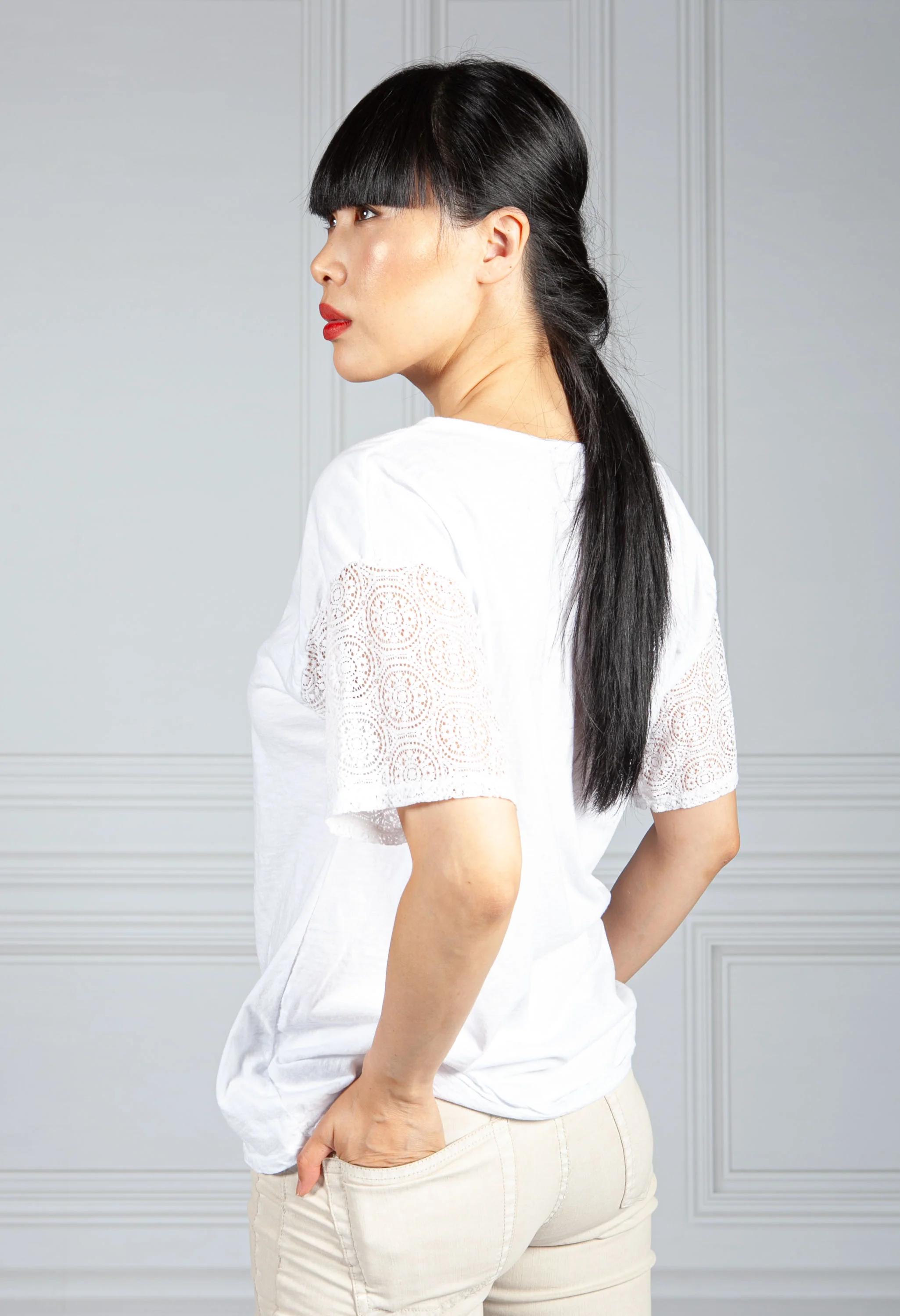 V Neck Top with Embroidered Sleeve