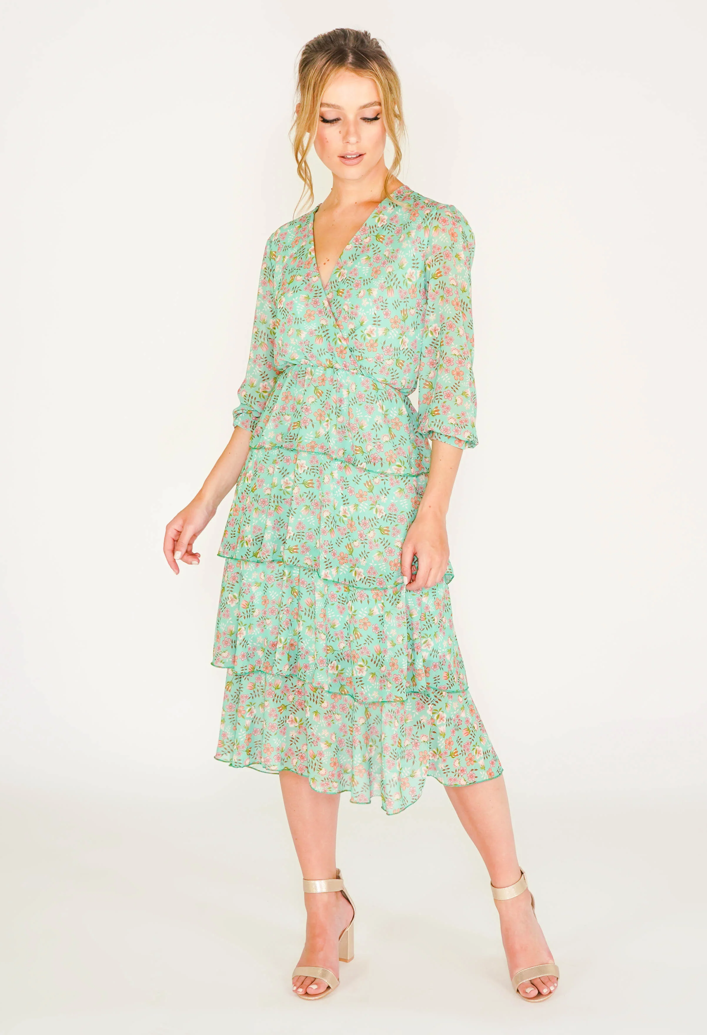 green floral printed tiered dress