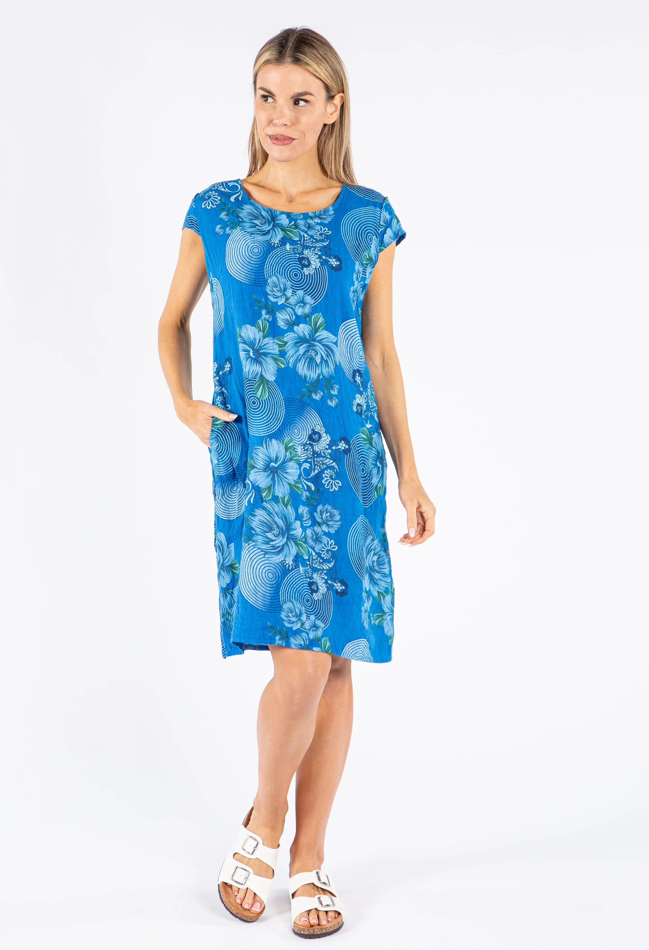 Swirl and Floral Print Linen Dress