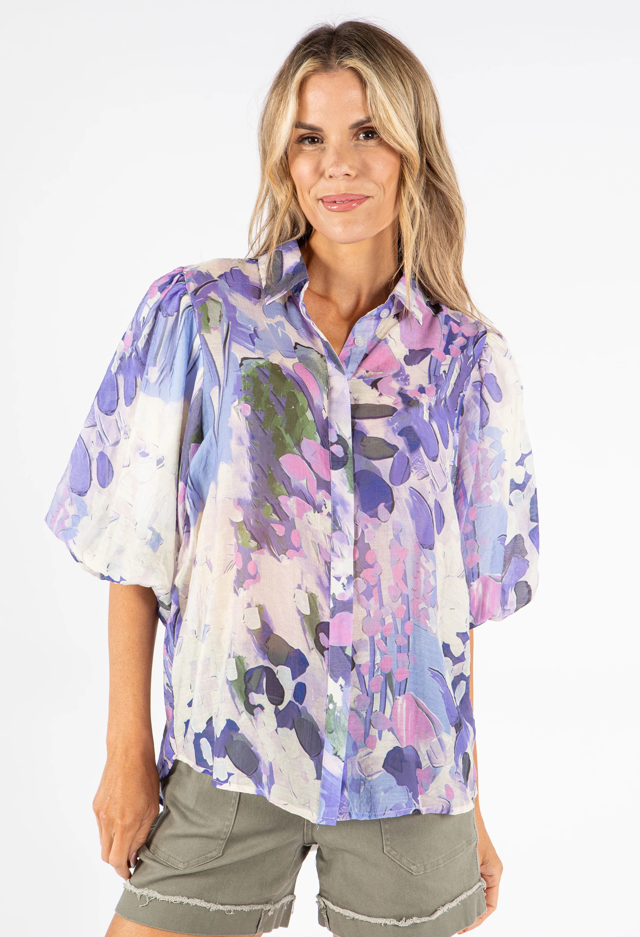 Abstract Balloon Sleeve Blouse