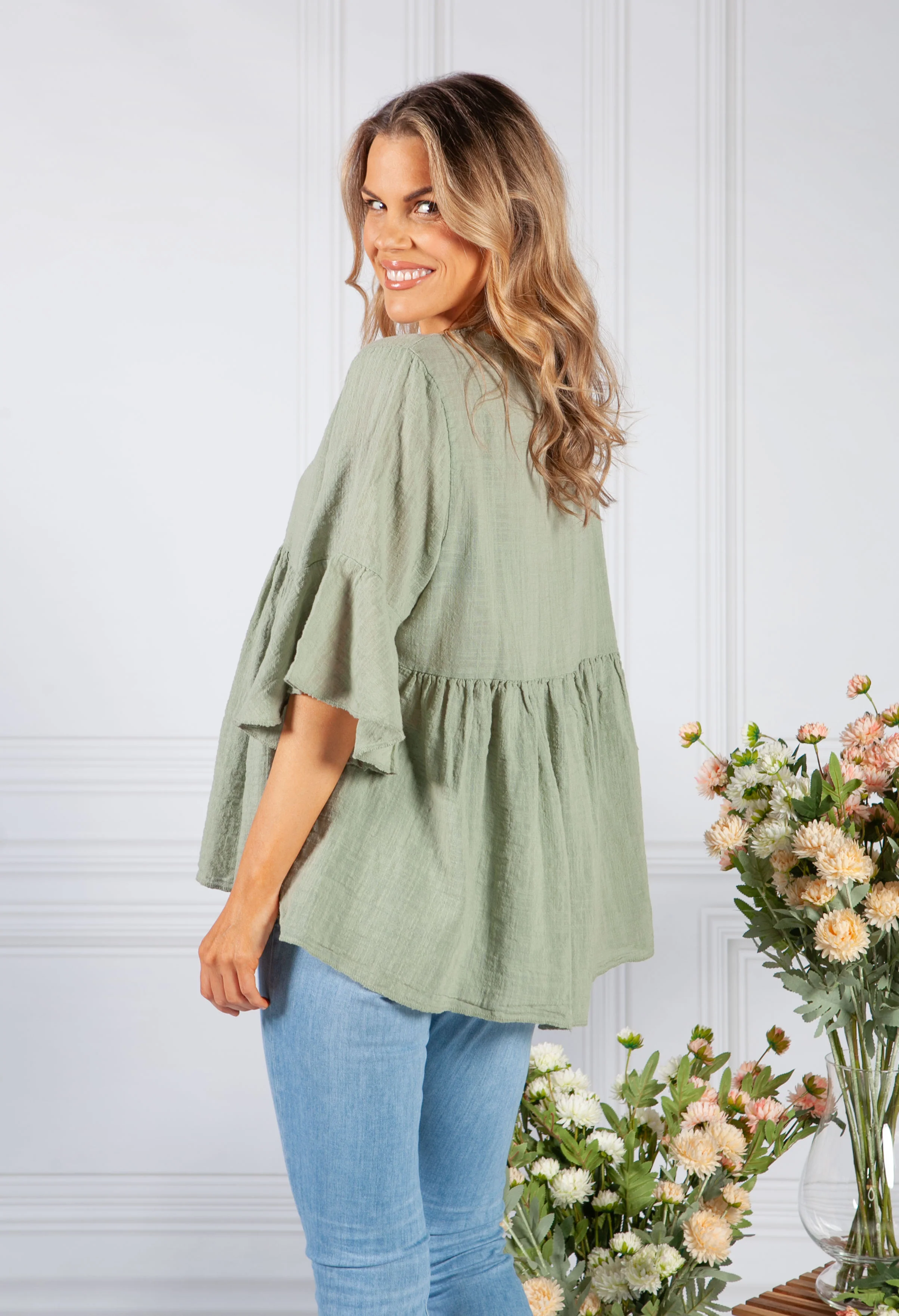 Sun Faded Khaki Lace Neckline Linen Look Blouse
