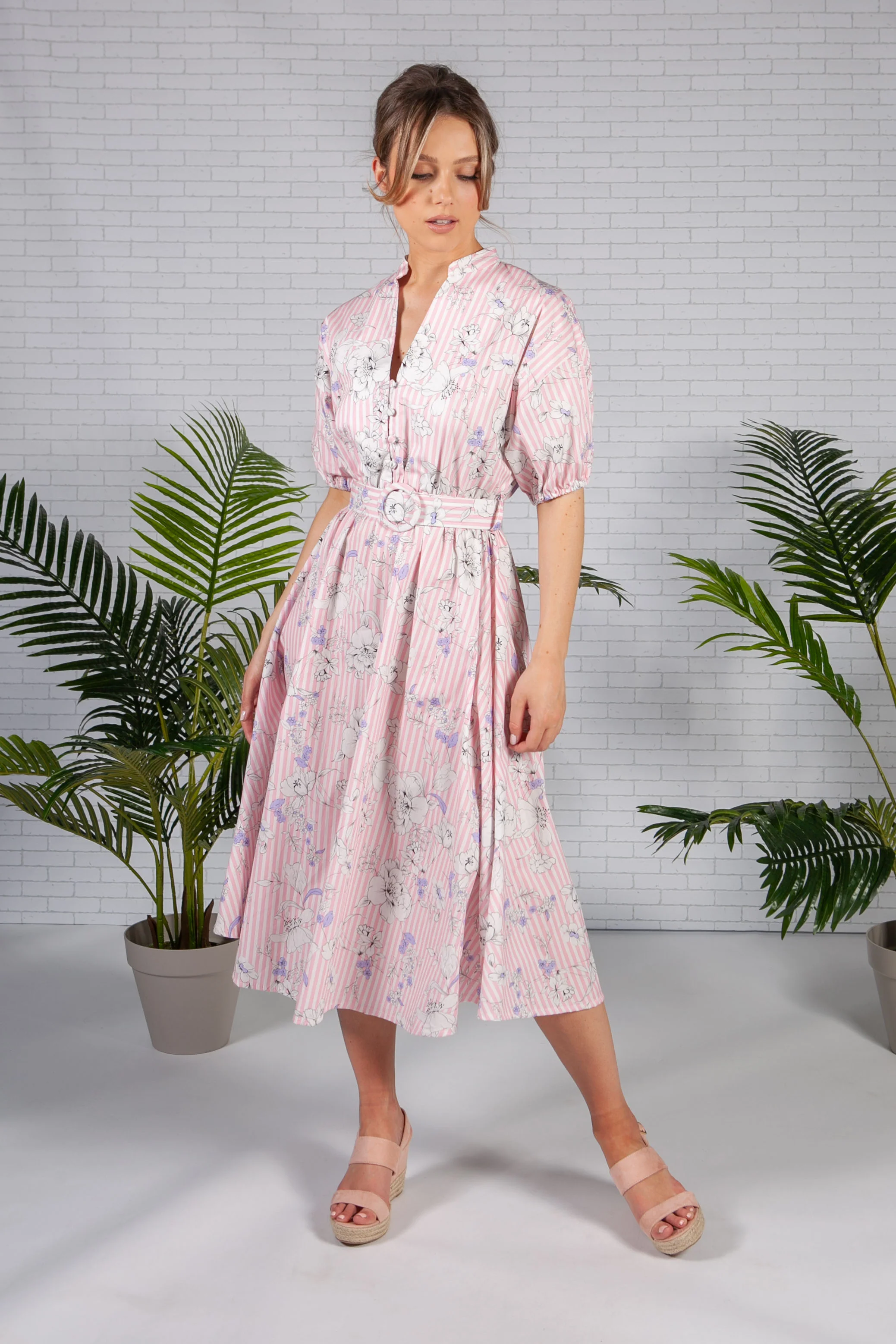 Pink Stripe Floral Print Midi Dress