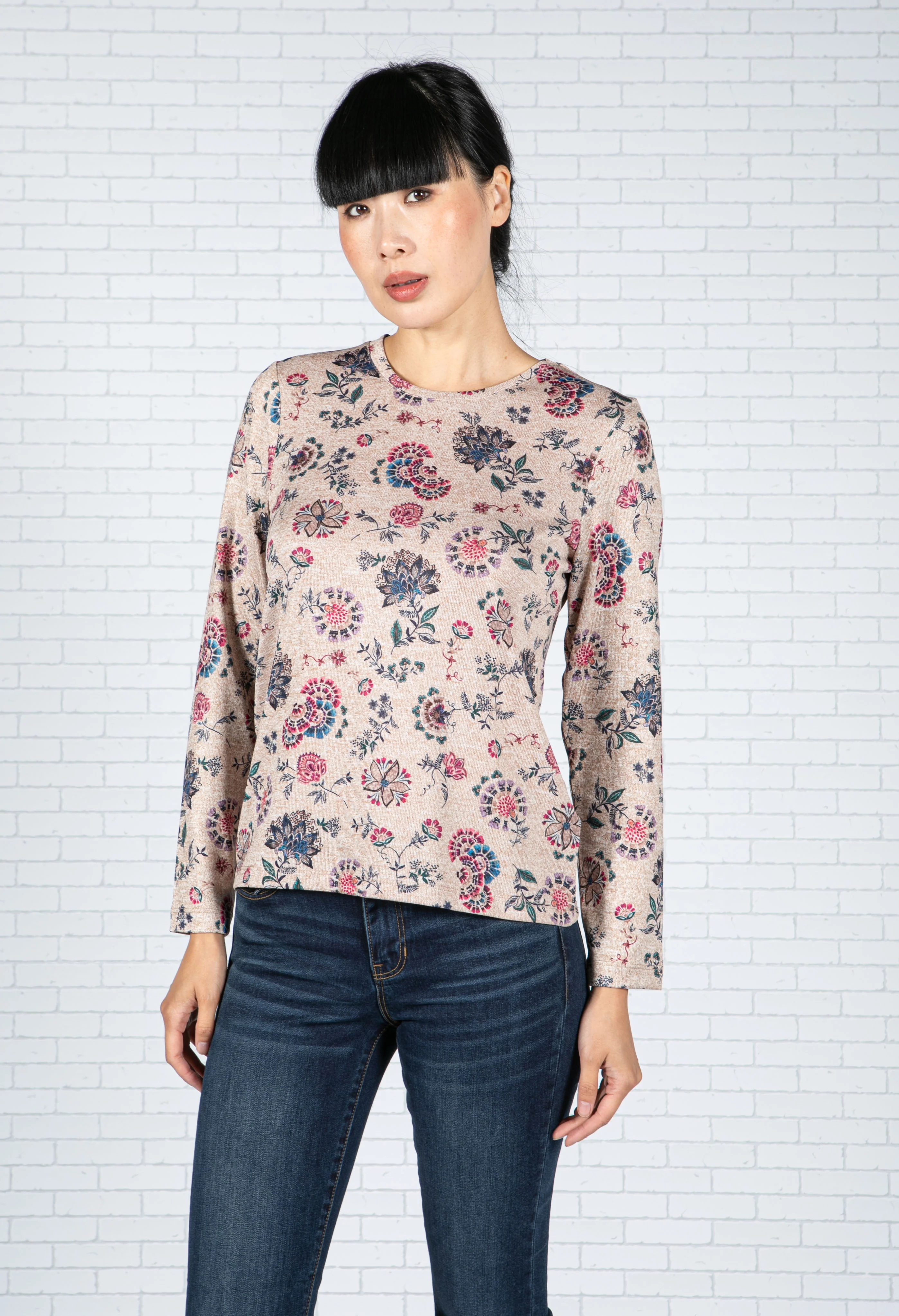 Floral Print Long Sleeve Top in Beige