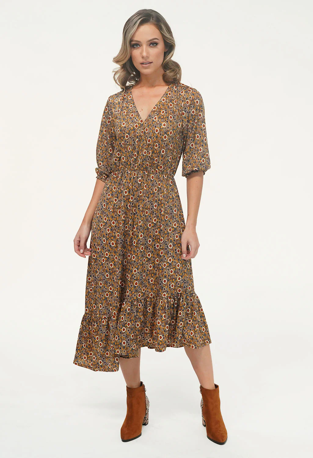 Khaki/Gold Pattern Asymmetric Midi Dress