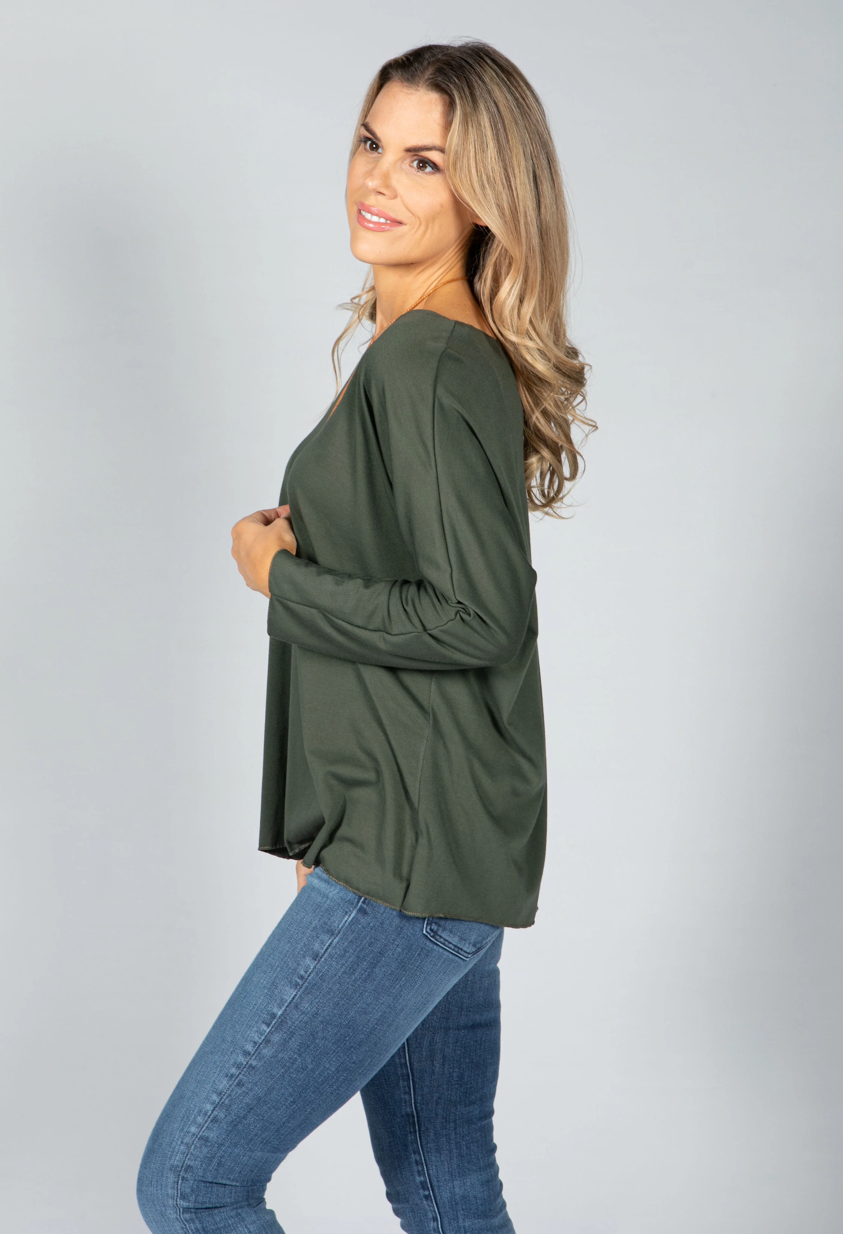 V-Neck Relaxed Top with Necklace in Khaki
