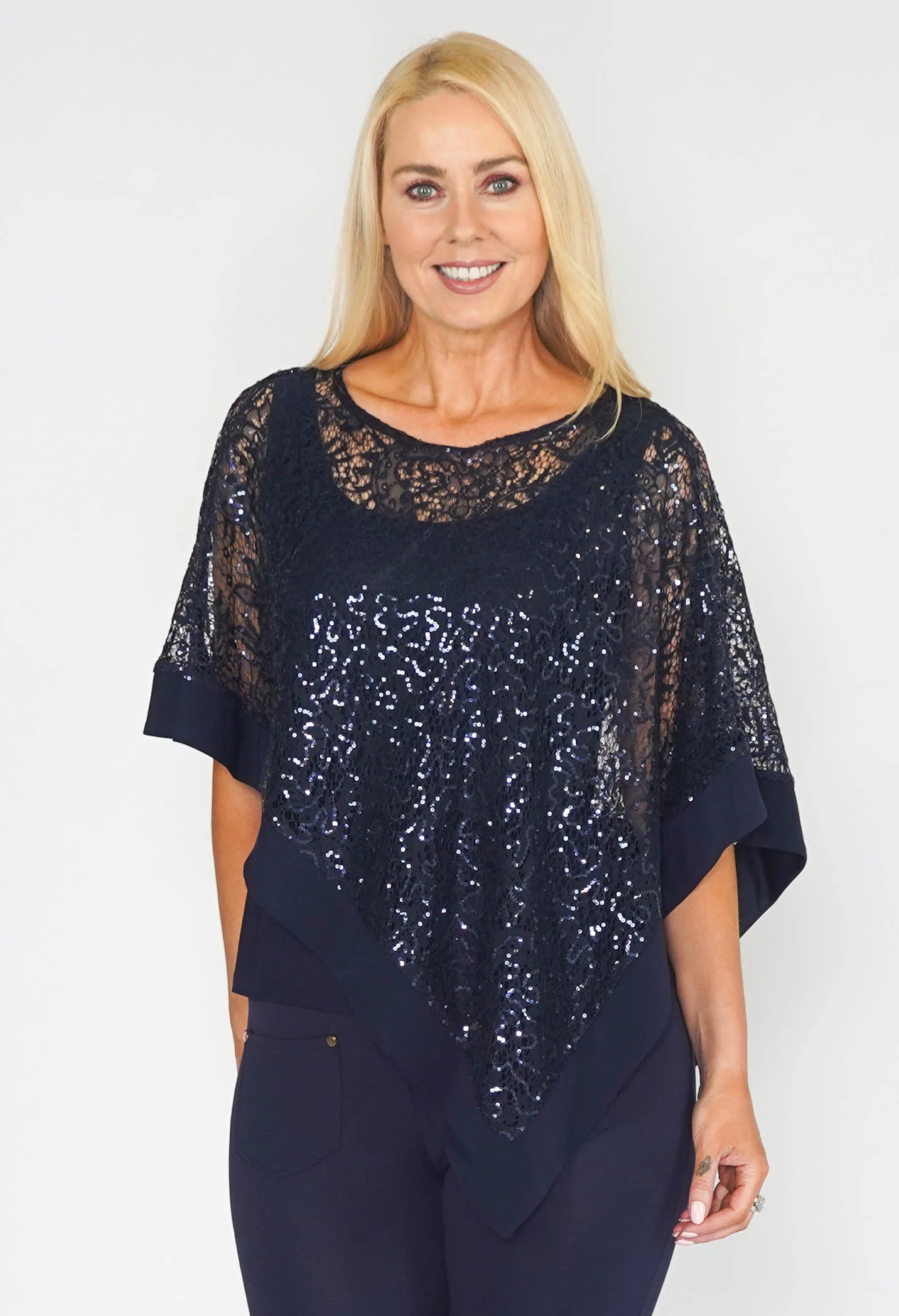R AND M Richards Navy Cape Effect Top