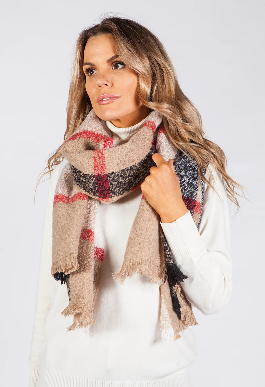 Taupe Checked Knit Scarf