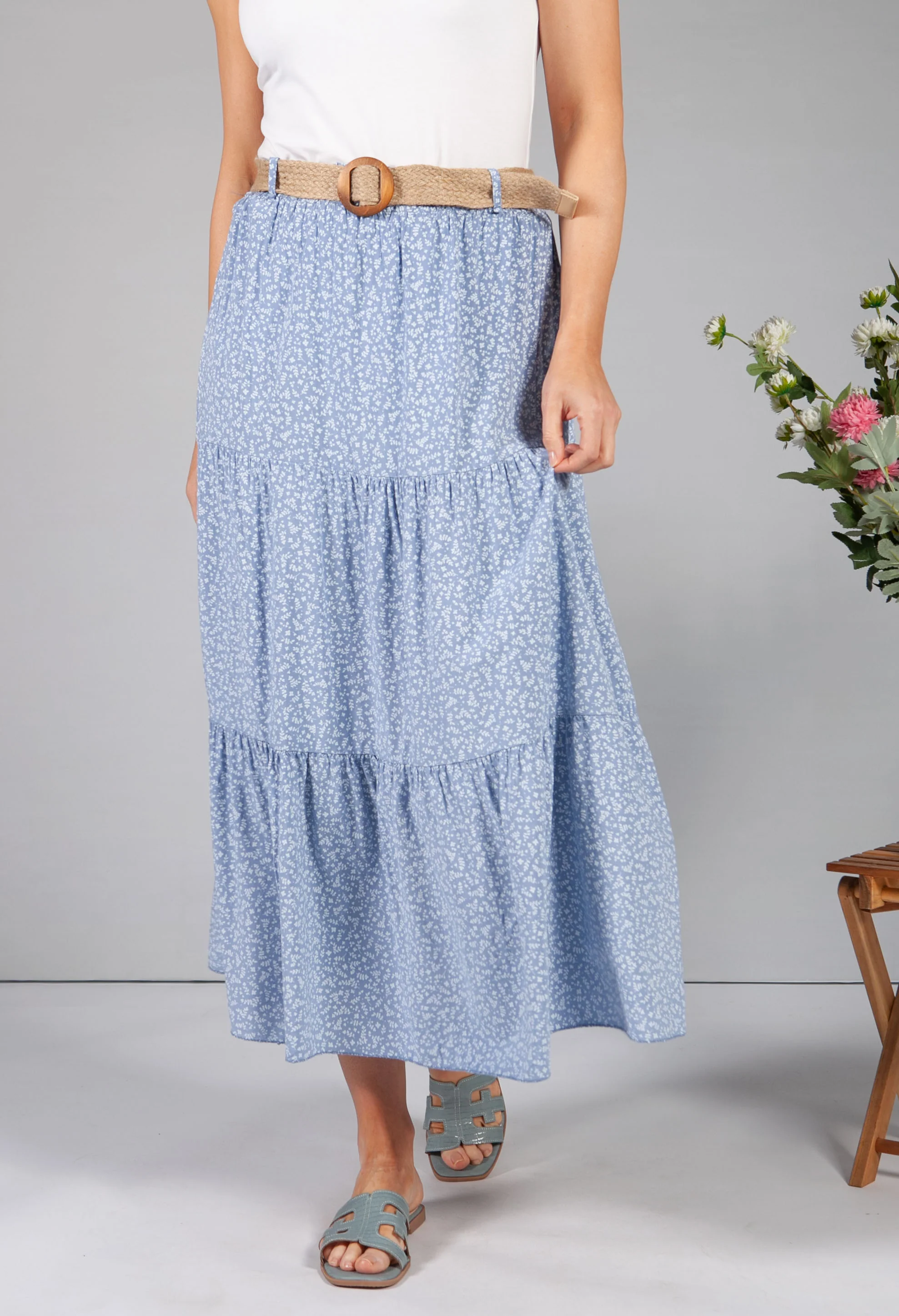 pale blue floral print tiered skirt