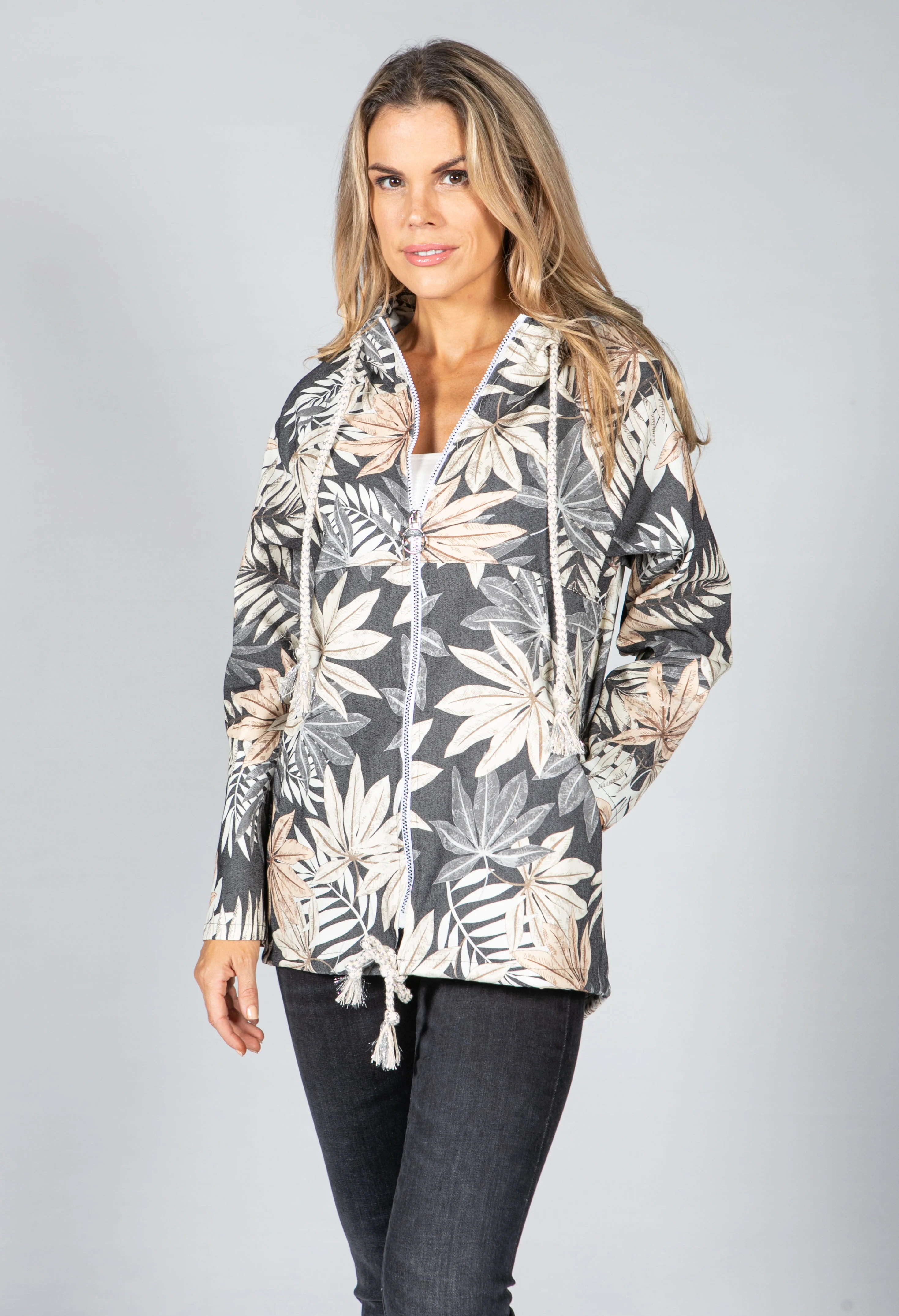 PAMELA SCOTT GREY PALM PRINT ZIP UP HOODIE