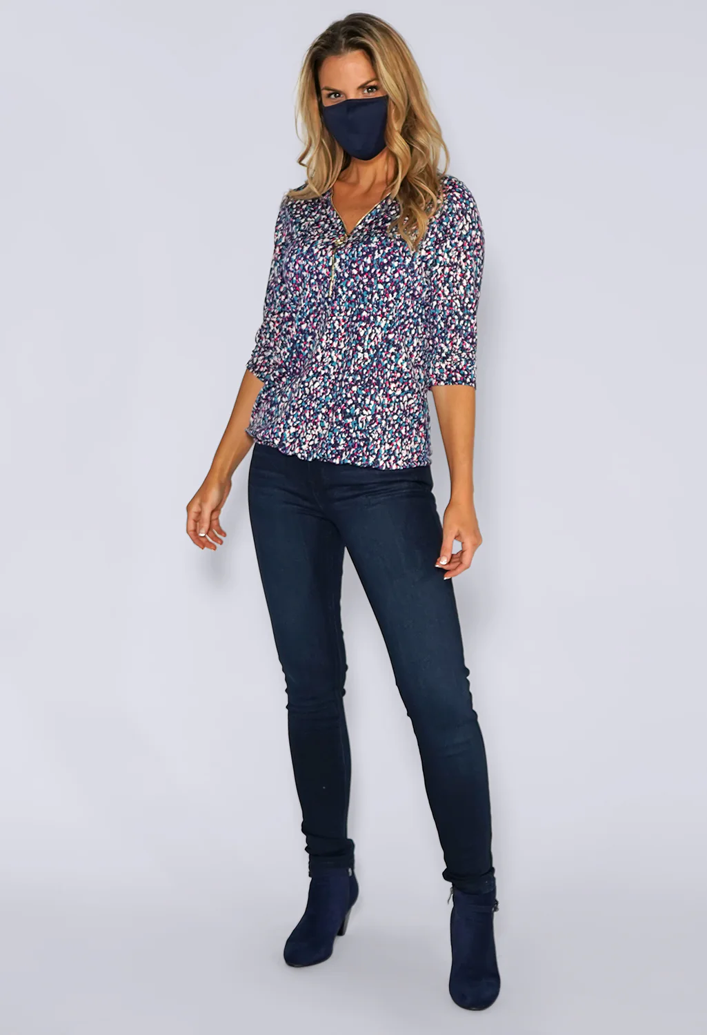 Navy Zip Neck Print Top