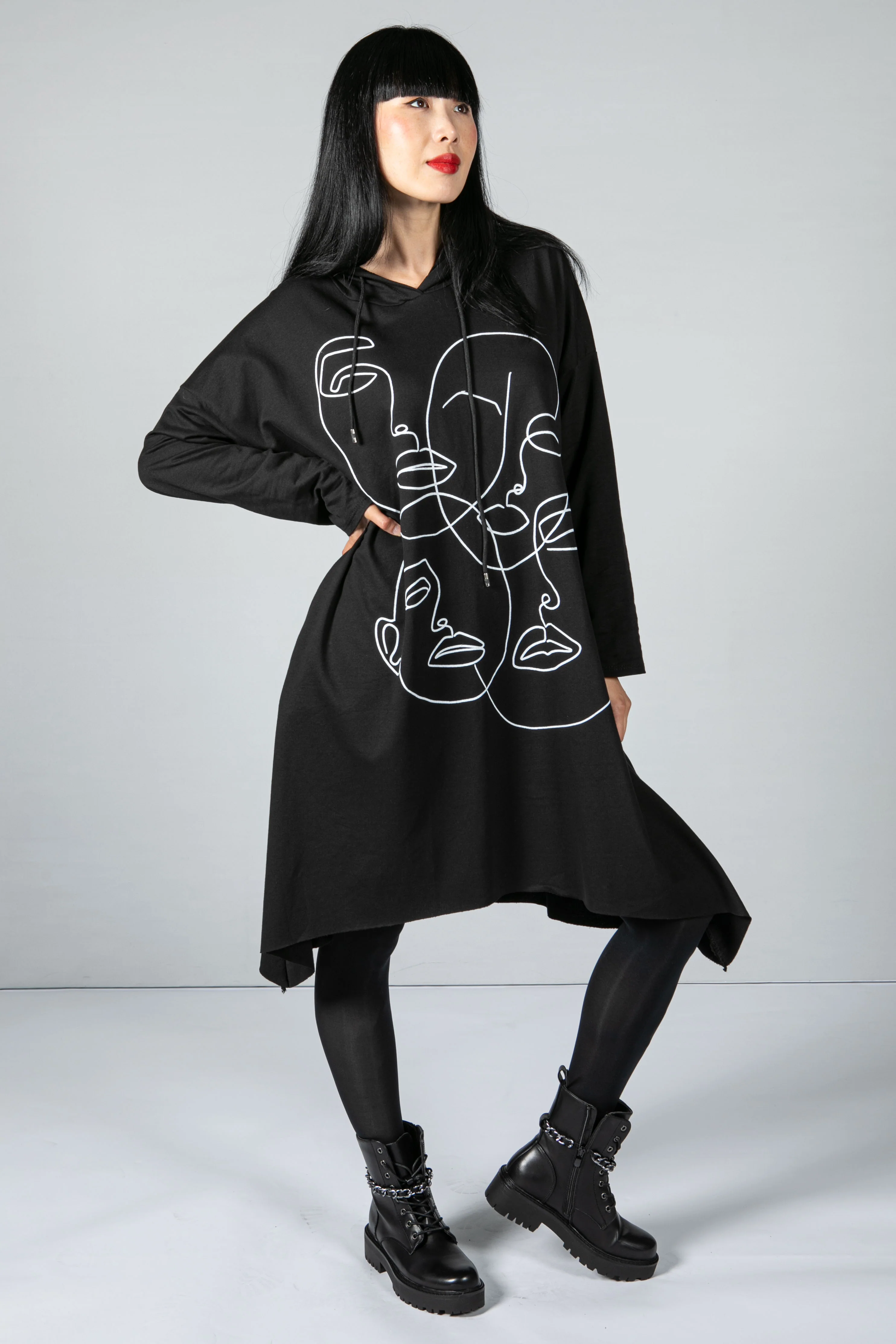 Oversized Graphic Hooded Tunic in Black