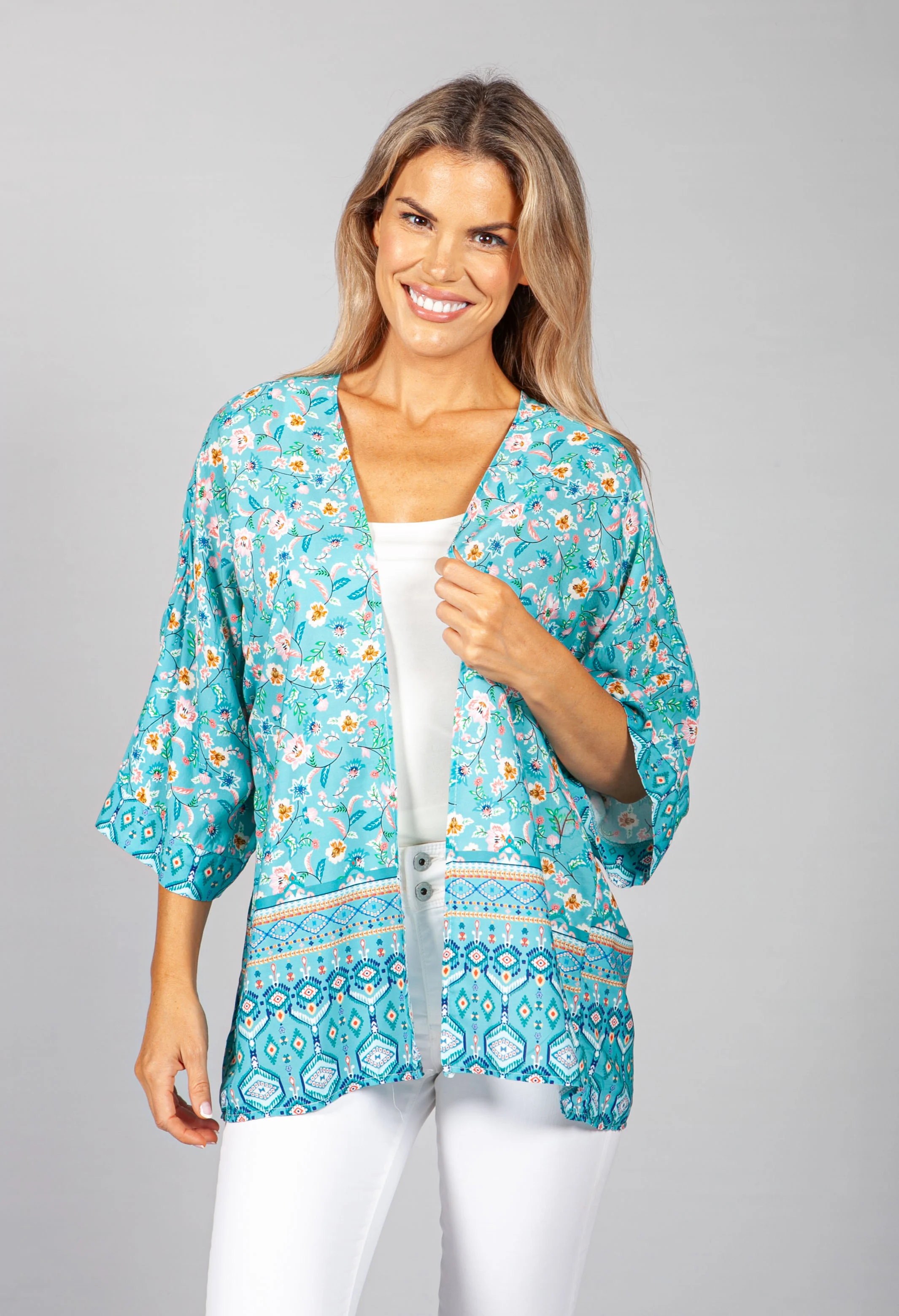 PAMELA SCOTT FLORAL KIMONO STYLE CARDIGAN IN TURQUOISE