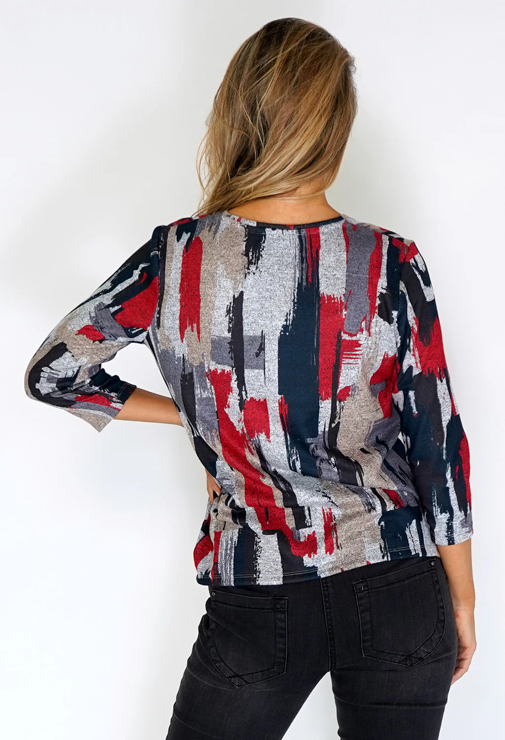Grey Knit Top with Paint Stroke Print