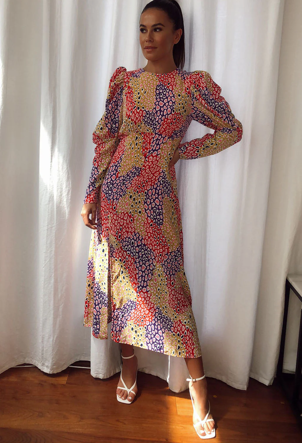 Lucy Long Puff Sleeve Split Leg Midi Dress