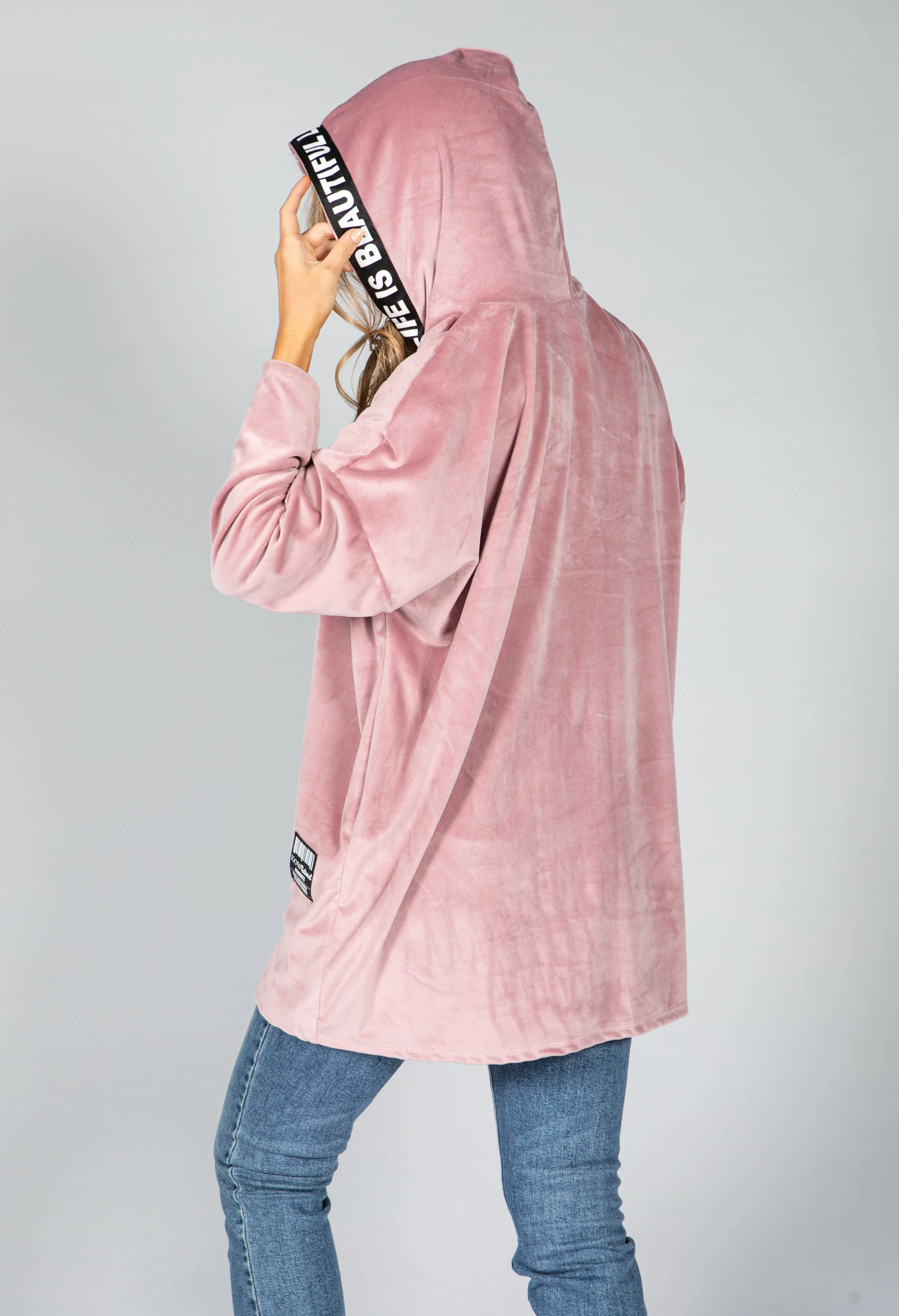Velvet Logo Strap Hoodie in Dusty Pink
