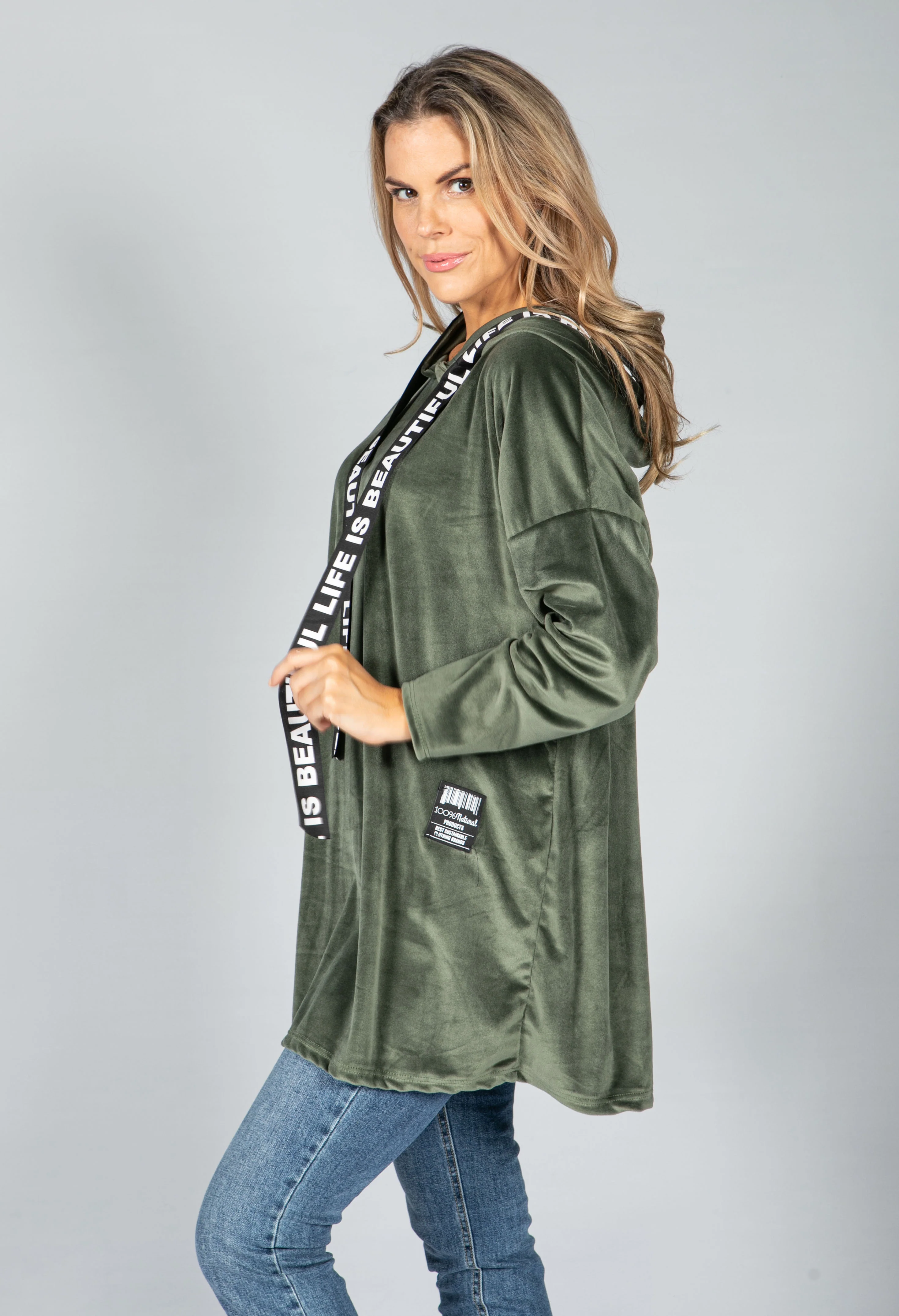 Velvet Logo Strap Hoodie in Khaki