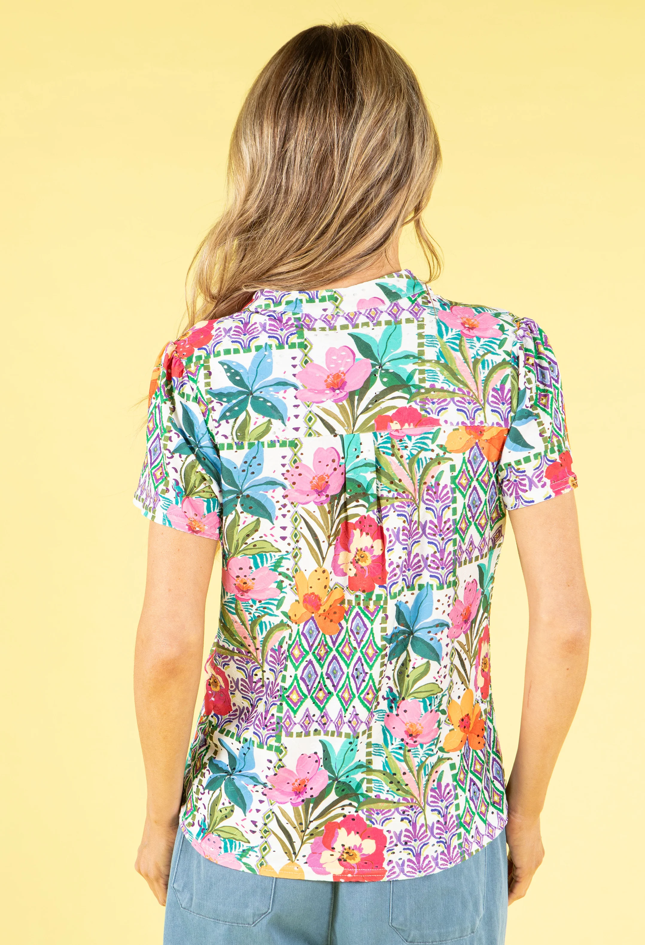 Crochet Detail Floral Print V-Neck Top