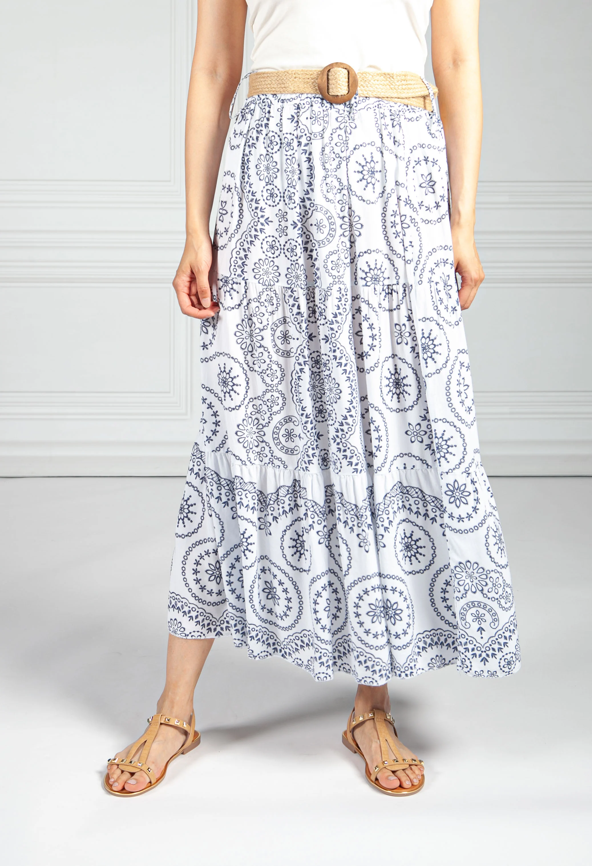 Stitching Print Boho Skirt in Navy & White