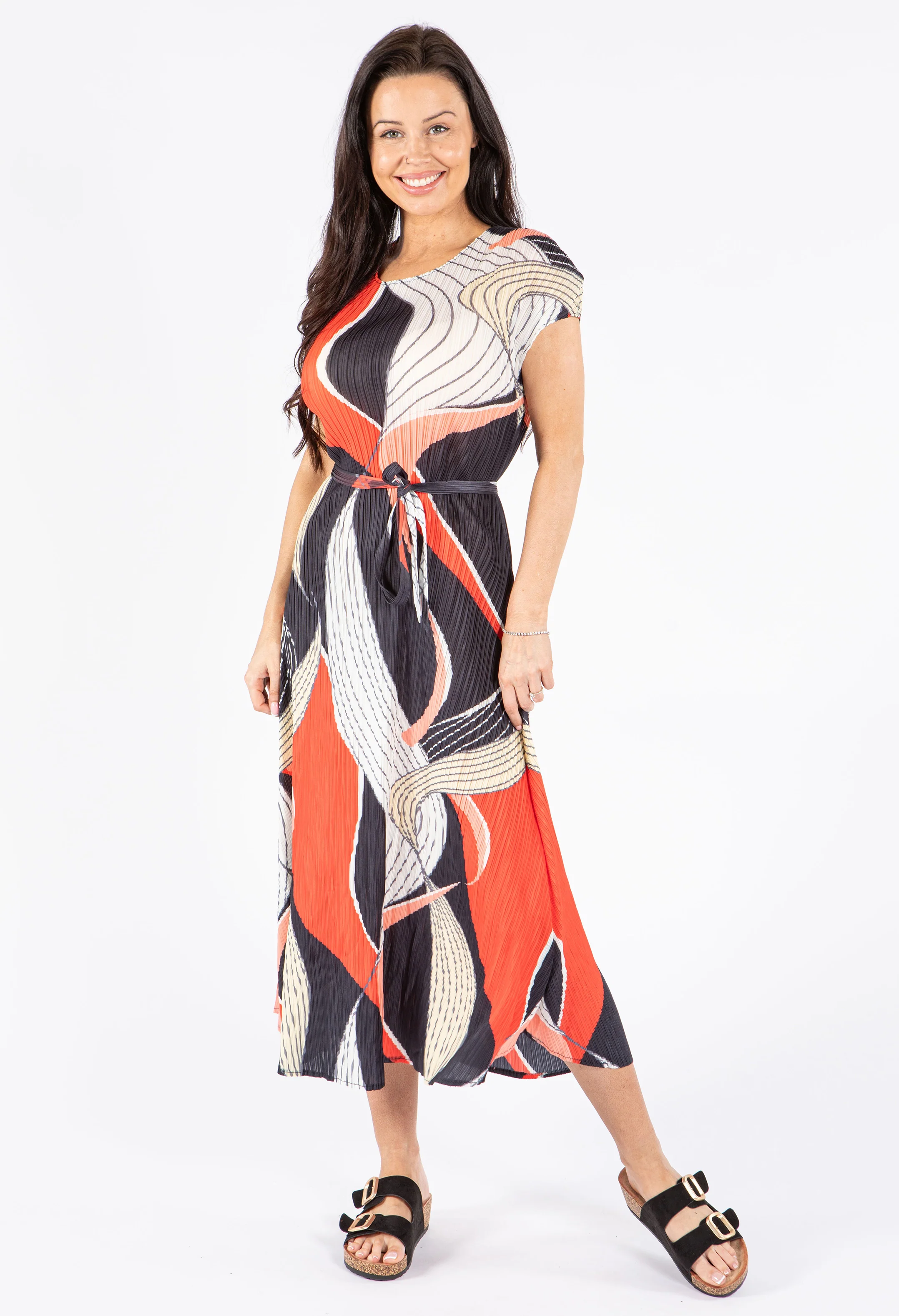 Pleated Abstract Print Midi Dress