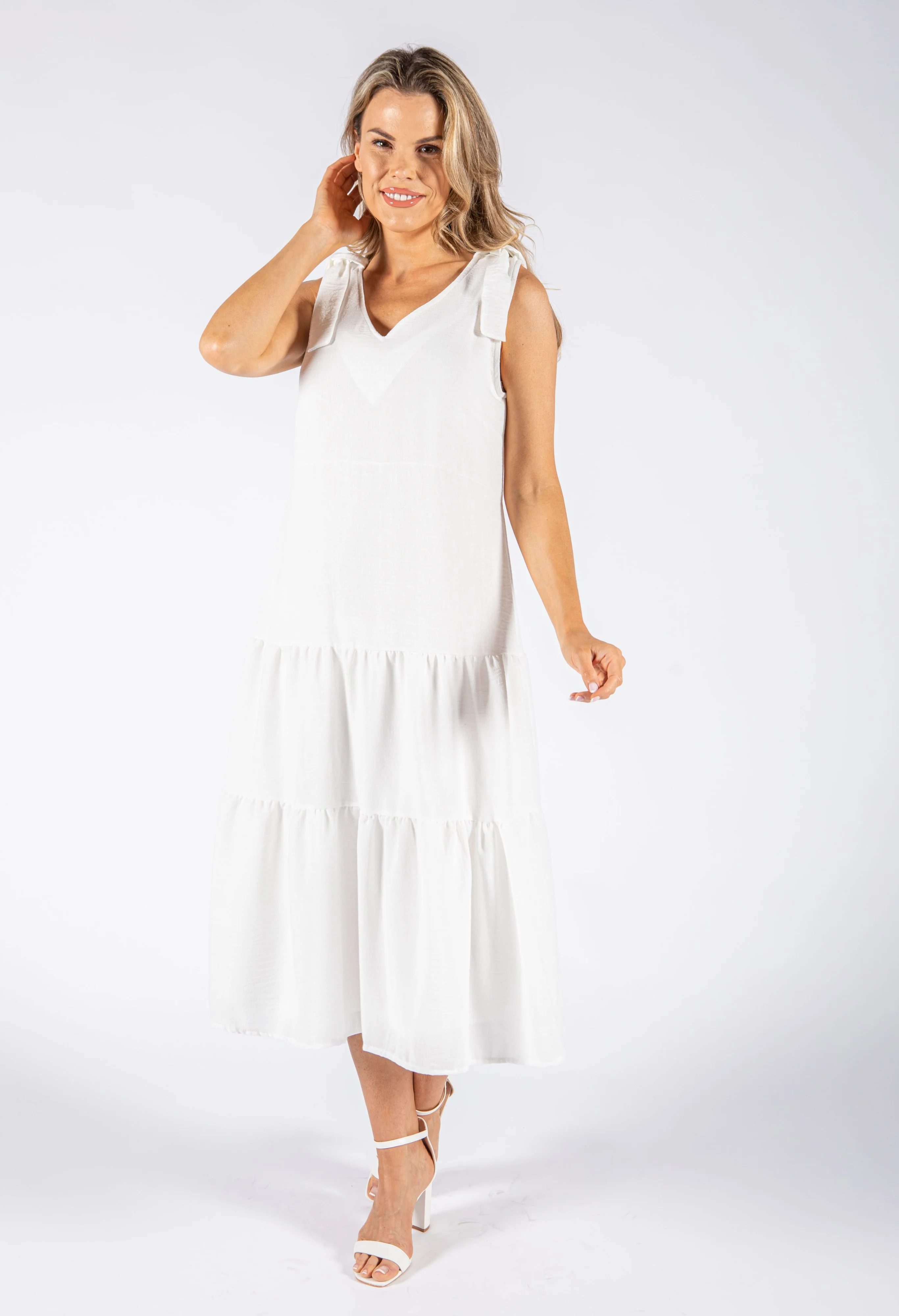 Tie Sleeve Linen Look Dress