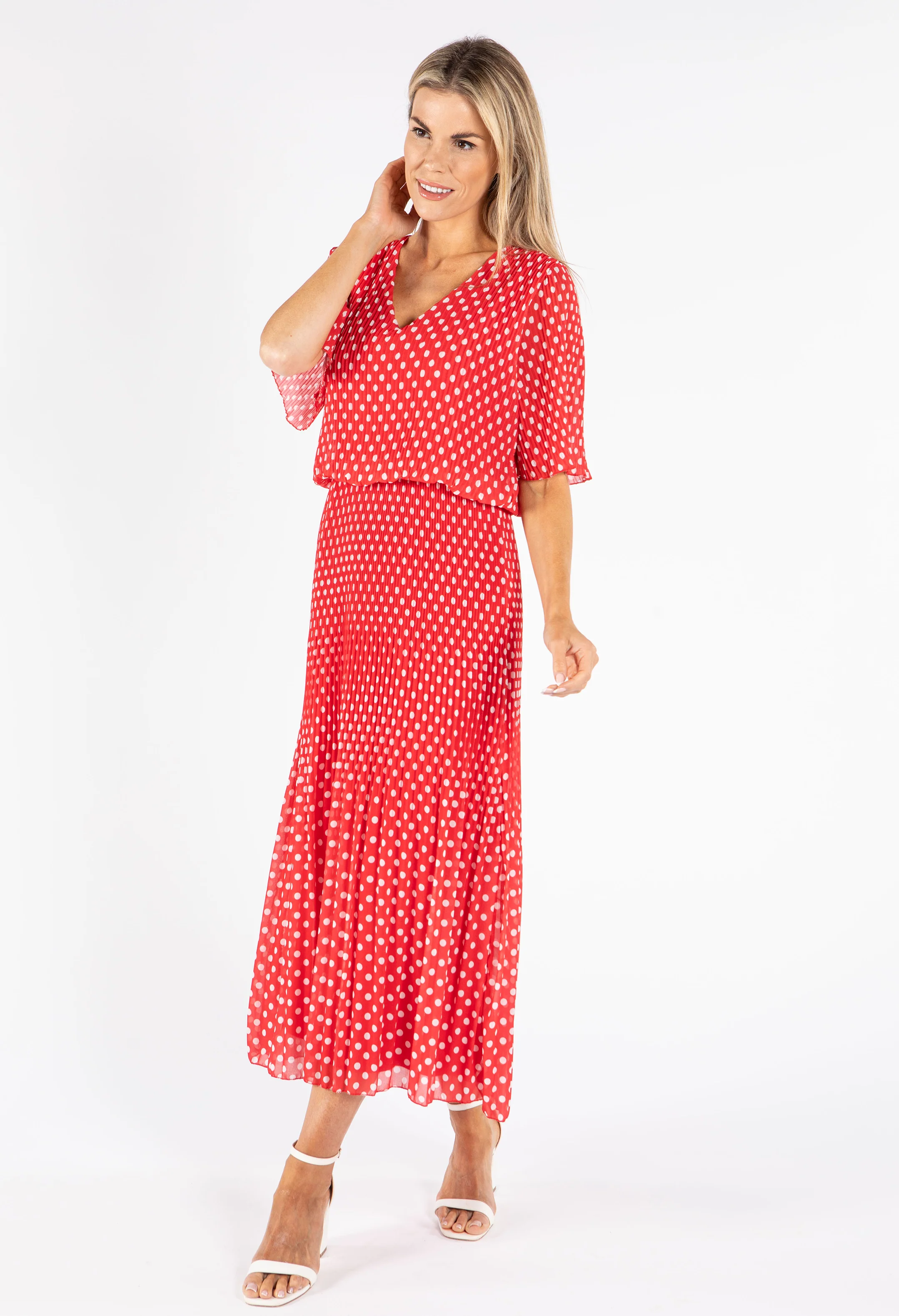 Plisse Pleat Polka Dot Maxi Dress
