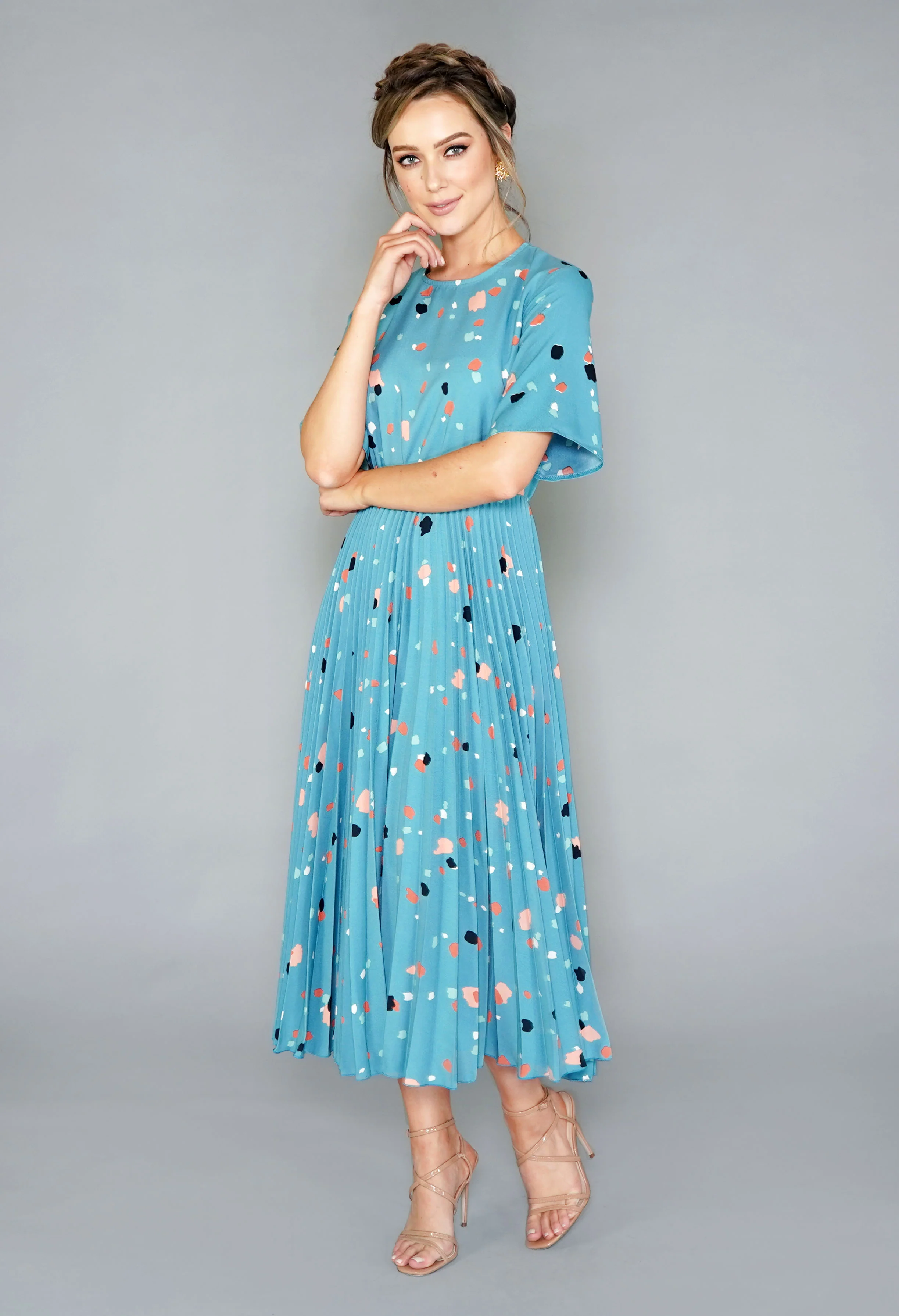TEAL MULTI PRINT SHORT SLEEVE PLEATED DRESS