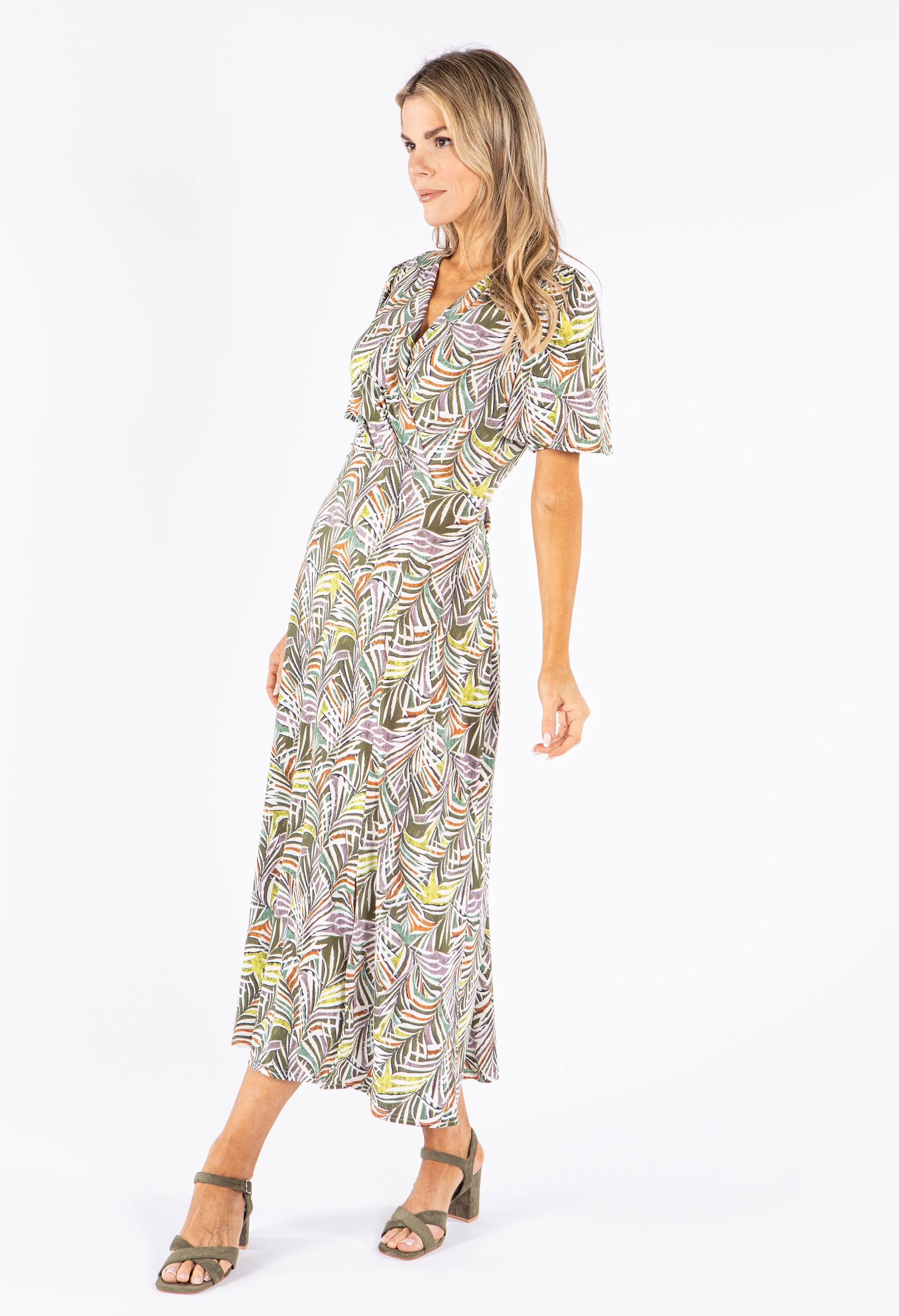 Palm Print Wrap Bodice Dress