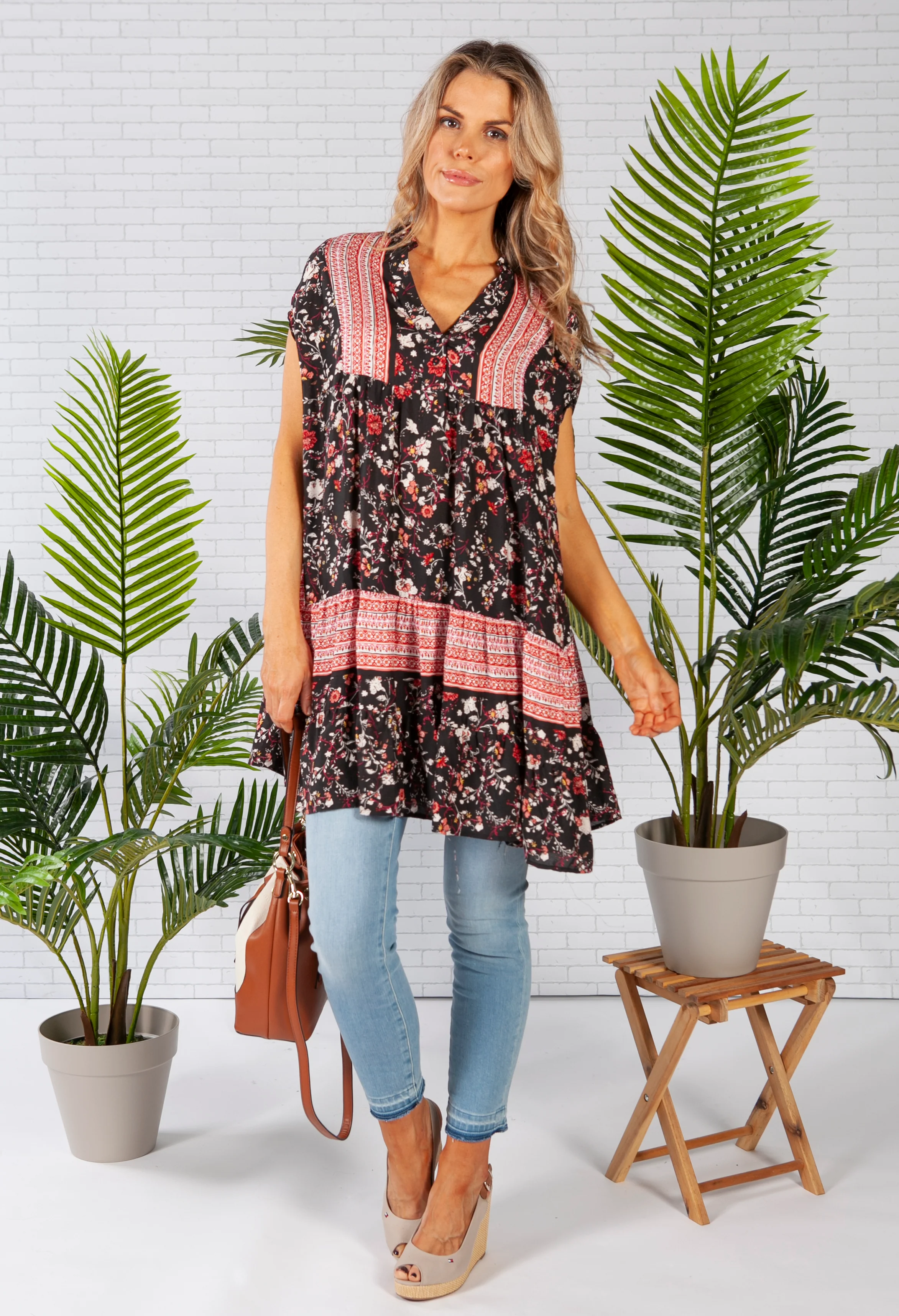 Floral Print Tunic with Boarder Design in Black