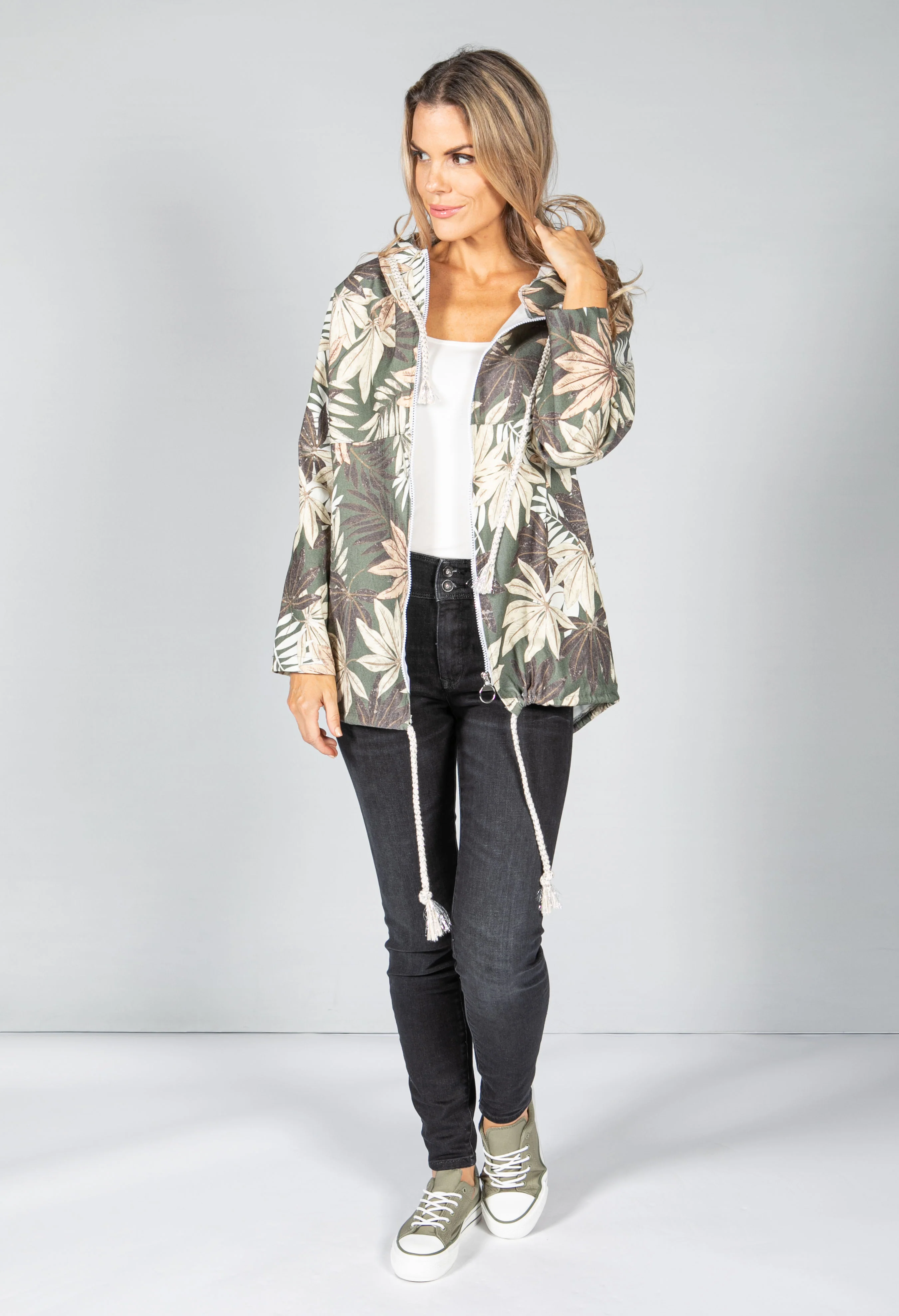 PAMELA SCOTT KHAKI PALM PRINT ZIP UP HOODIE