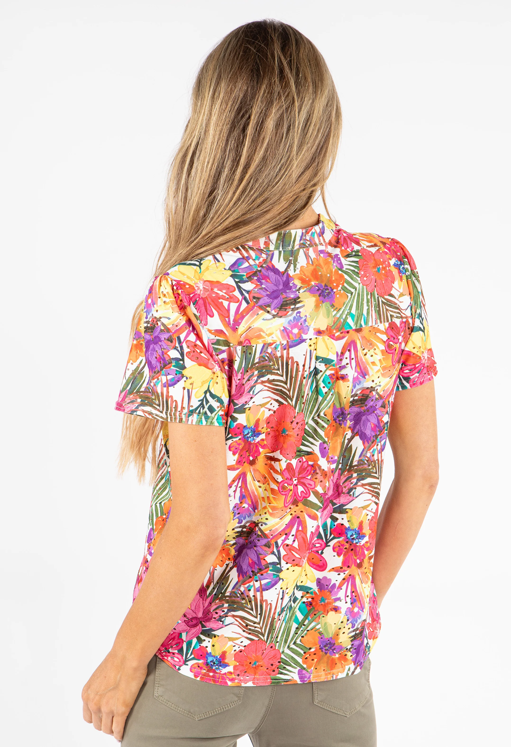 Crochet Detail Floral Print V-Neck Top