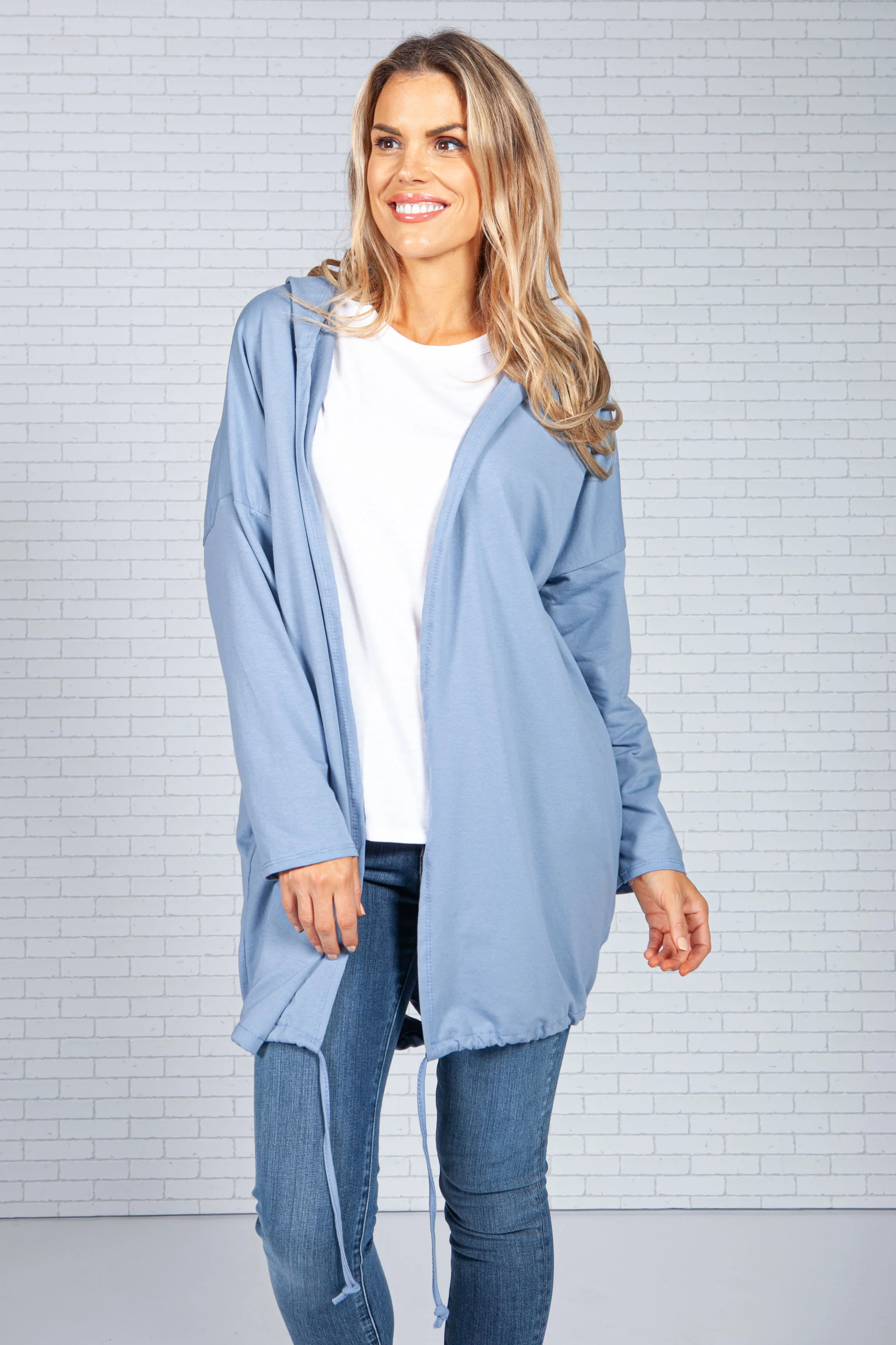 Long Hoodie-Style Cardigan in Blue