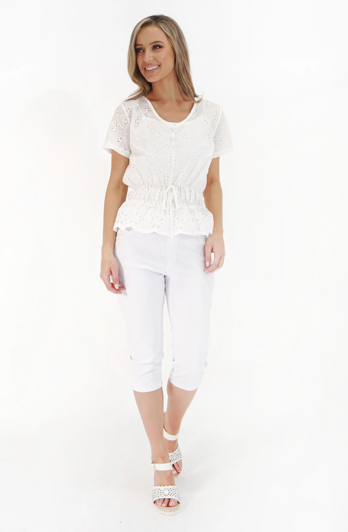 White Pearl Detail V-Neck Top