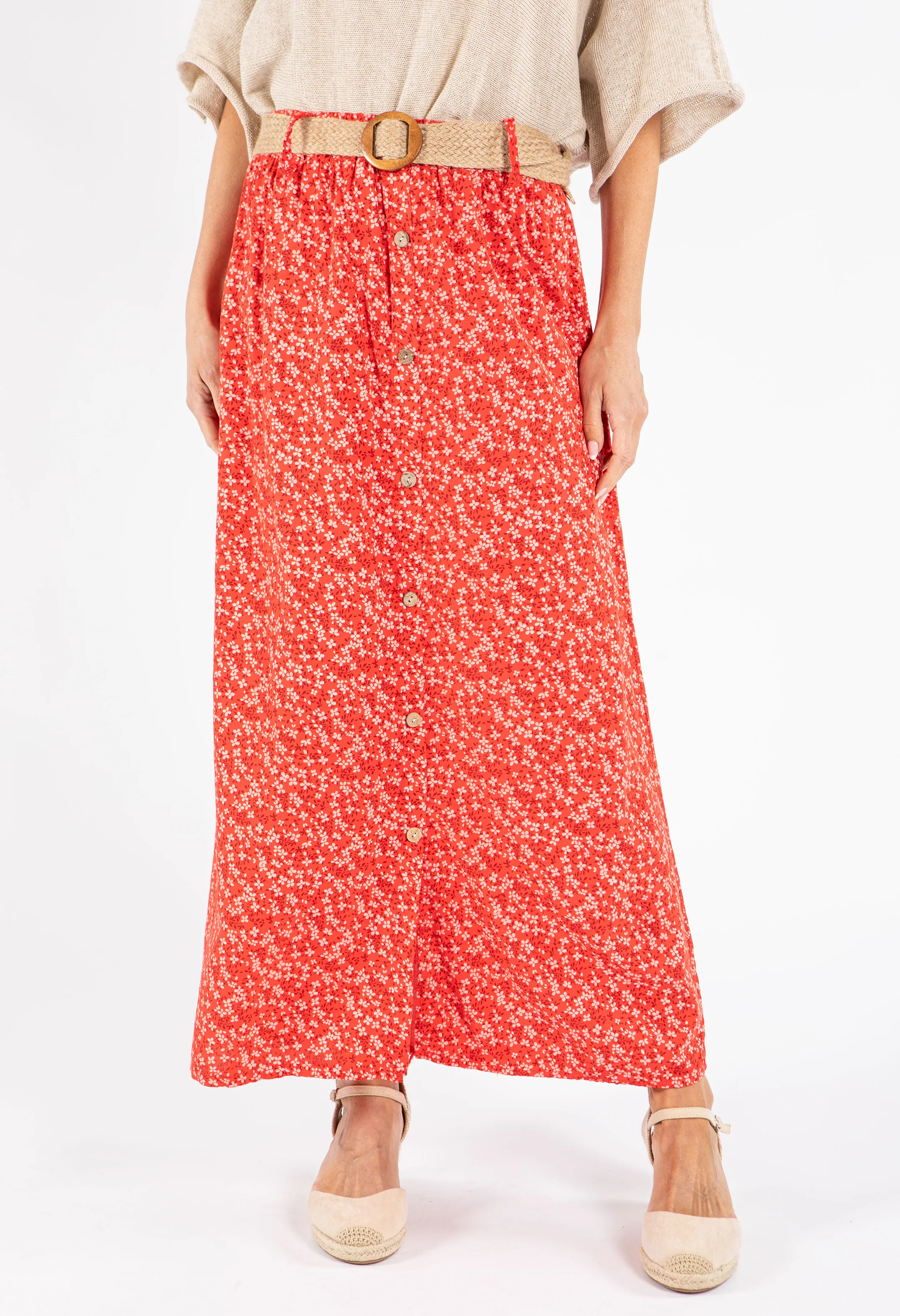Belted Daisy Print Maxi Skirt