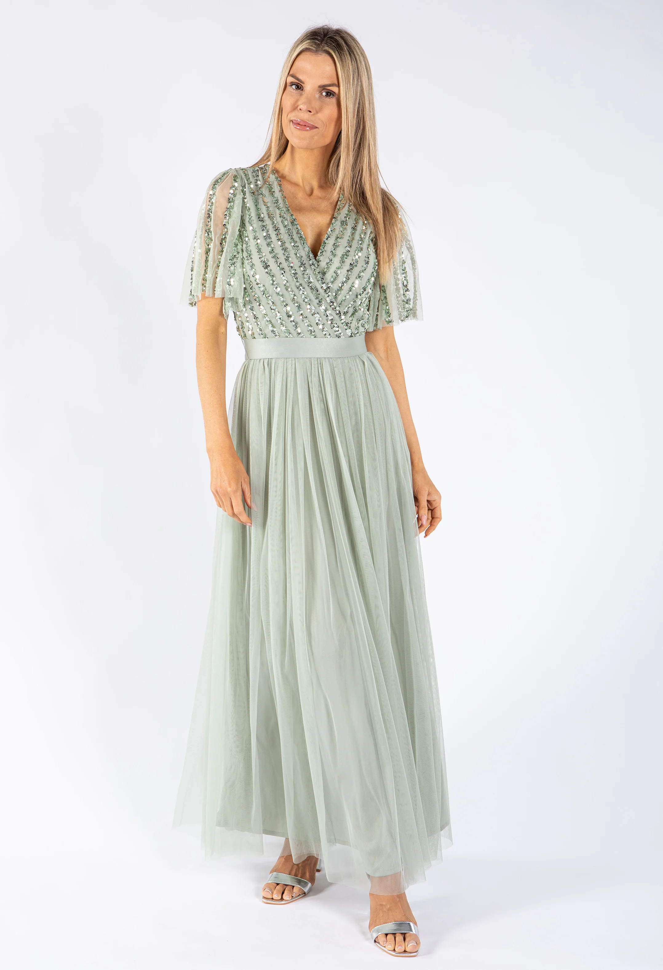 ANGEL SLEEVE EMBELLISHED MAXI DRESS WITH SASH BELT