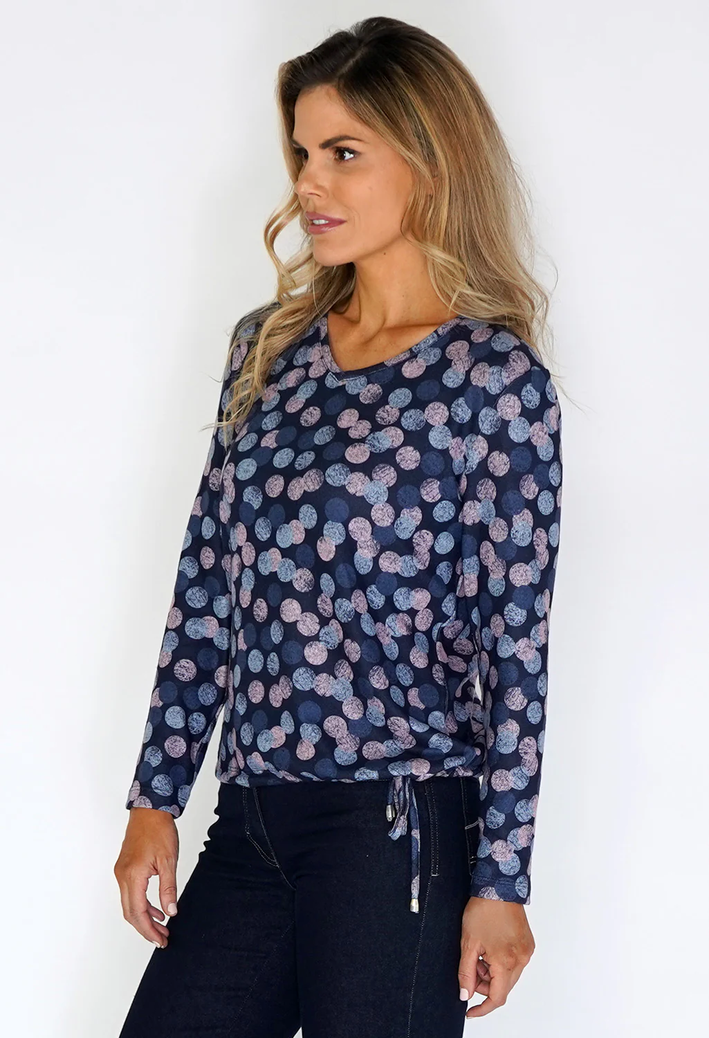 Twist Navy Circle Print Top